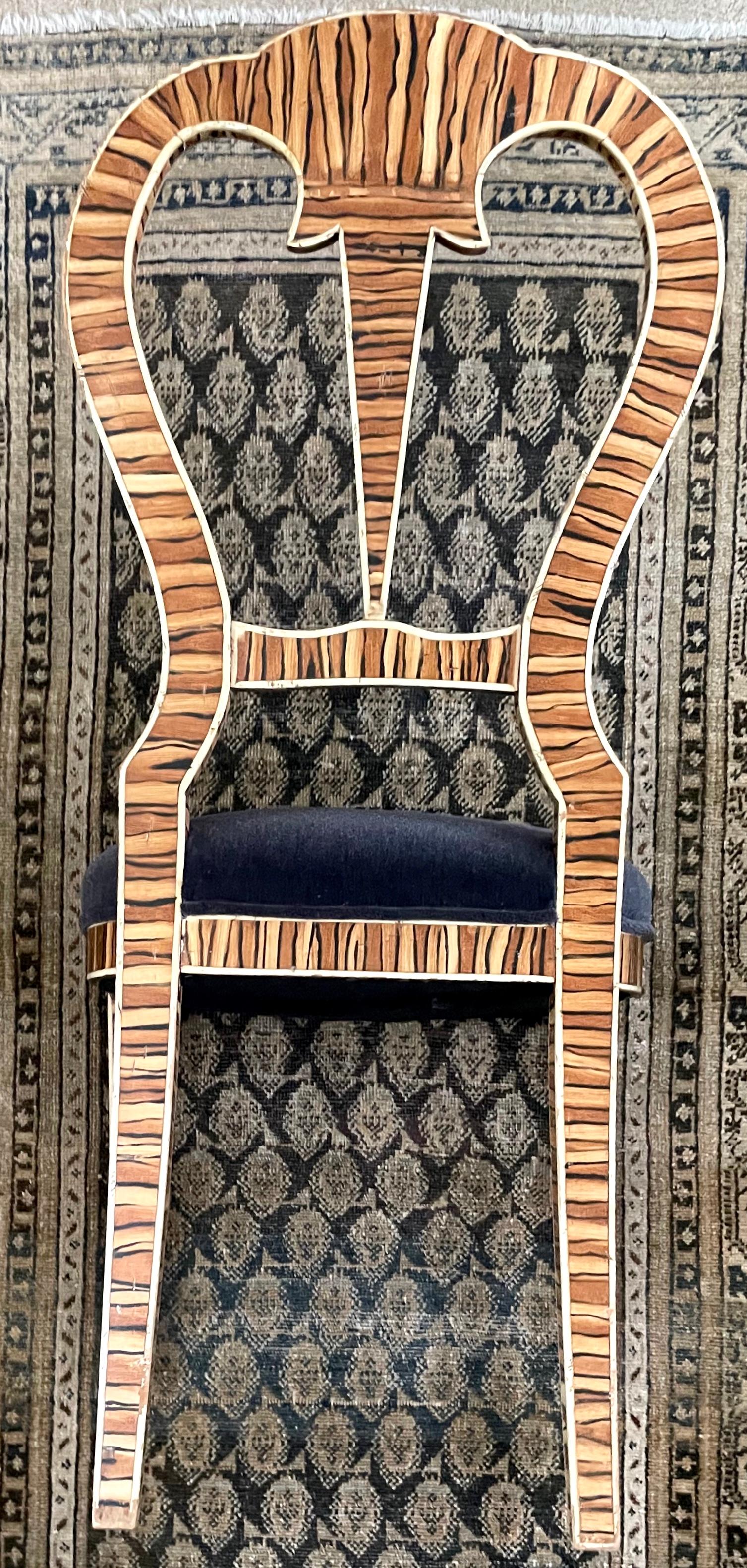 Tiger Wood Side Chair with Blue Mohair For Sale 1