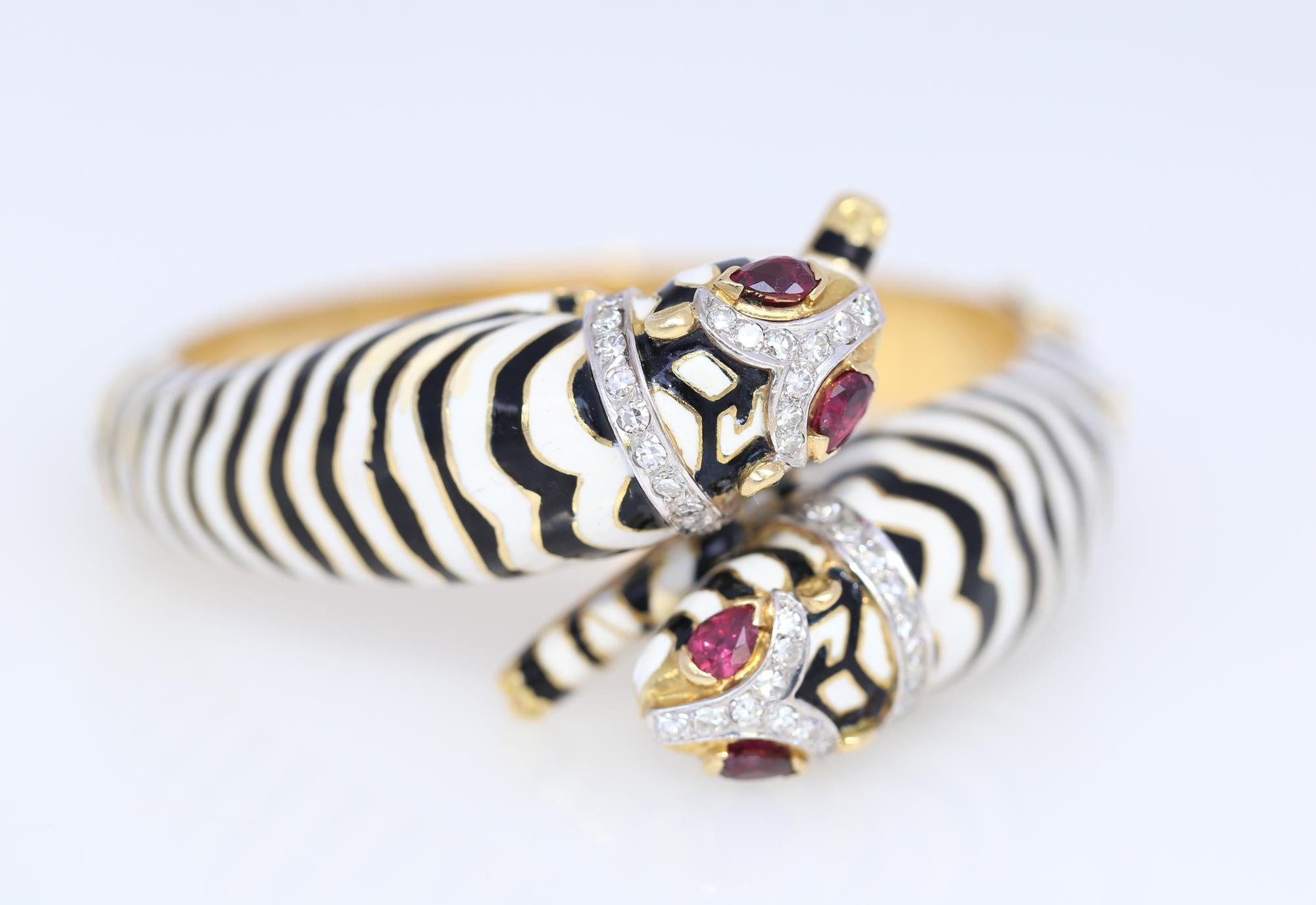 Pear Cut Tiger Zebra 18 Karat Gold Black White Enamel Rubies Bracelet, 1960