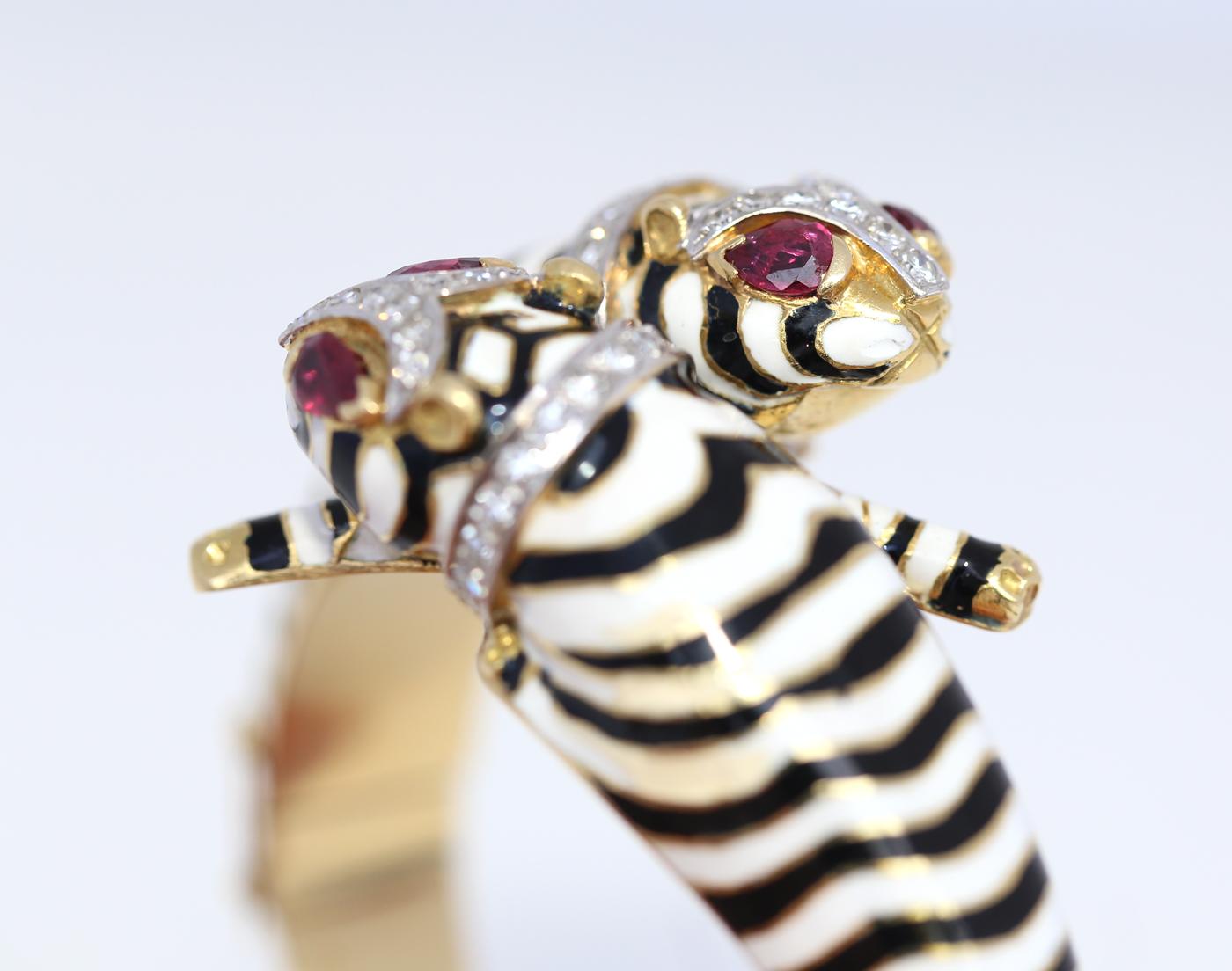 Women's Tiger Zebra 18 Karat Gold Black White Enamel Rubies Bracelet, 1960