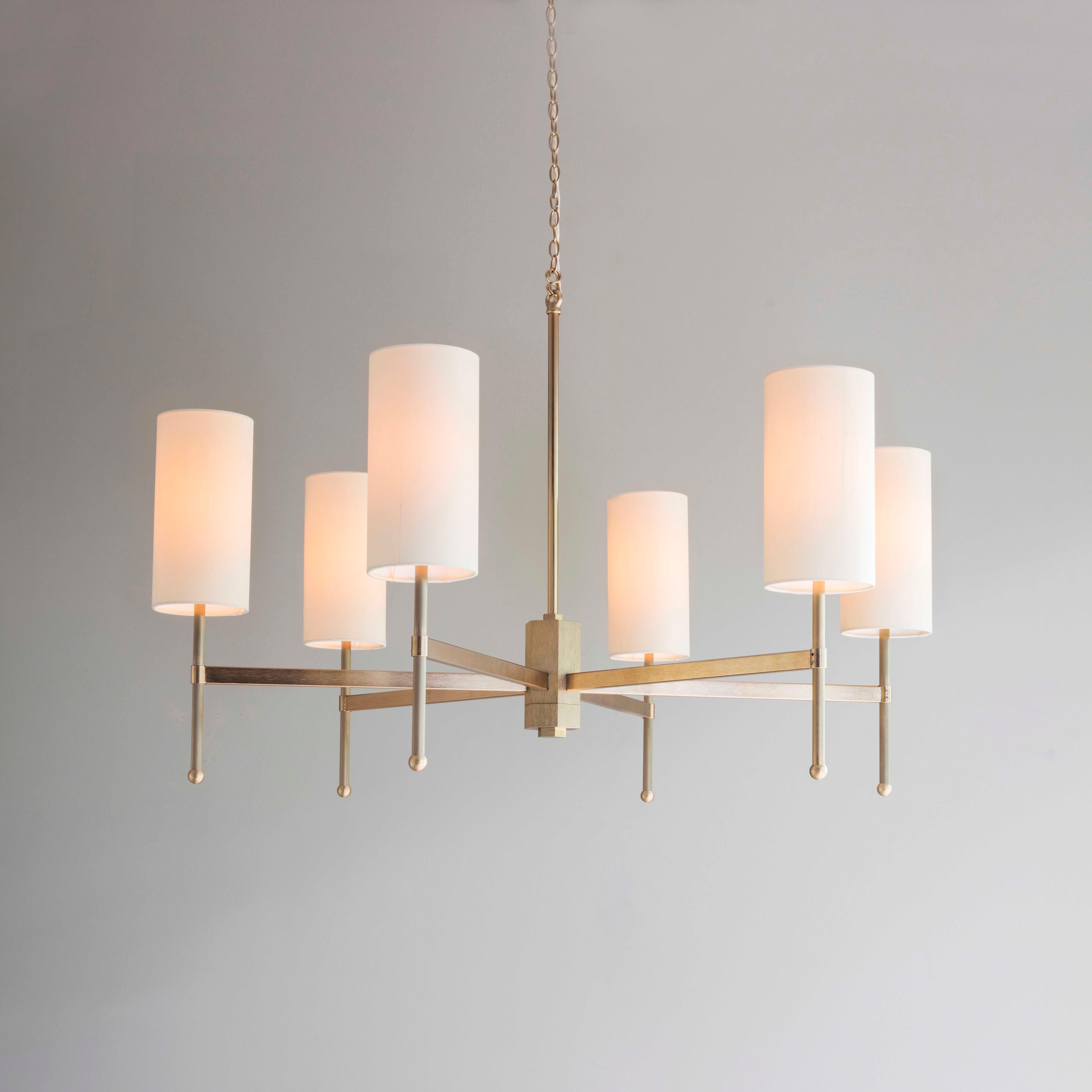Modern Contemporary Gold Stem Chandelier with Birch Silk Shades by Tigermoth Lighting For Sale
