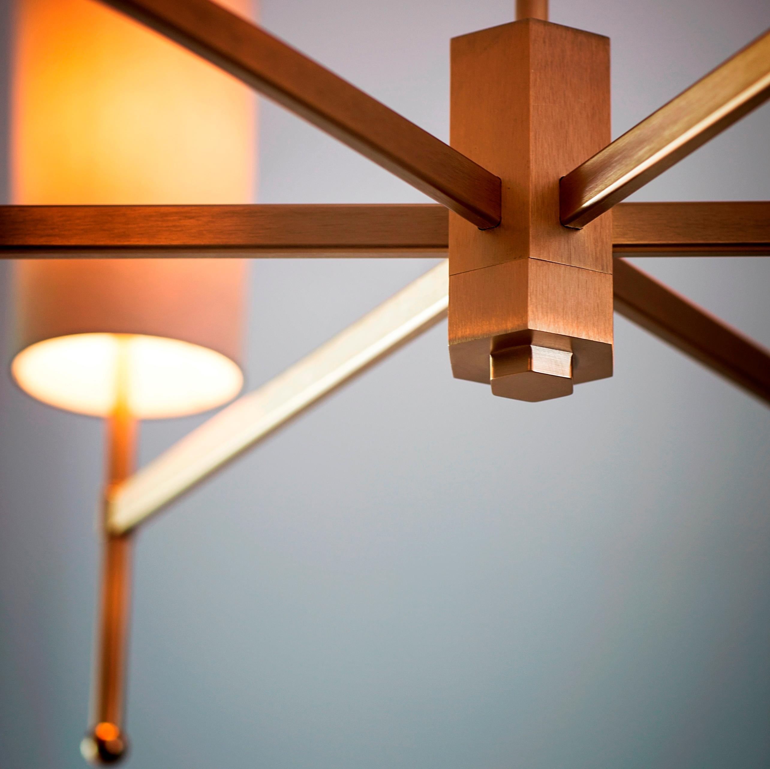 British Contemporary Gold Stem Chandelier with Birch Silk Shades by Tigermoth Lighting For Sale