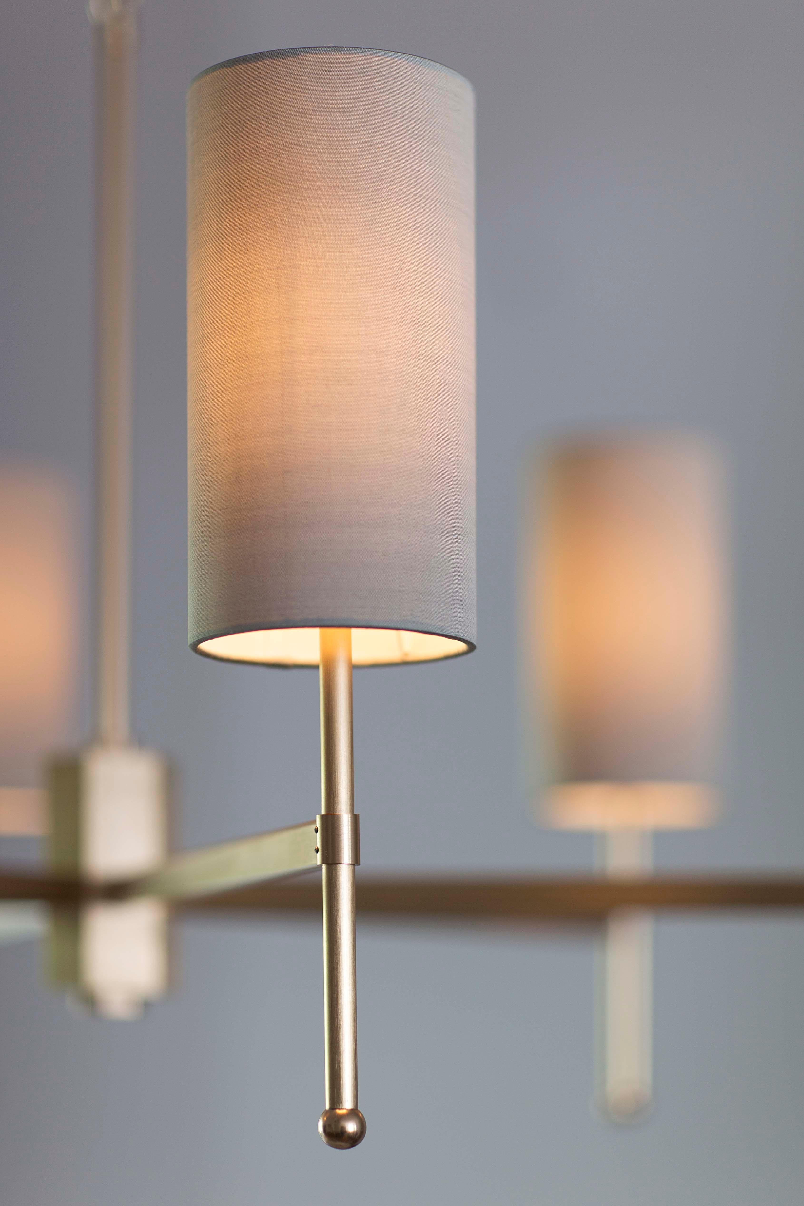 Brushed Contemporary Gold Stem Chandelier with Birch Silk Shades by Tigermoth Lighting For Sale