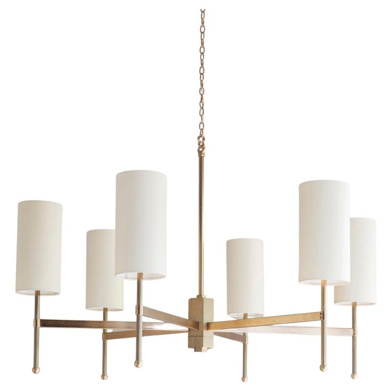 Contemporary Gold Stem Chandelier with Birch Silk Shades by Tigermoth
