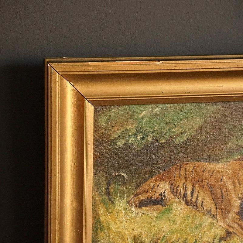 Tigers by a Jungle Stream, Antique Original Oil on Canvas Painting 3