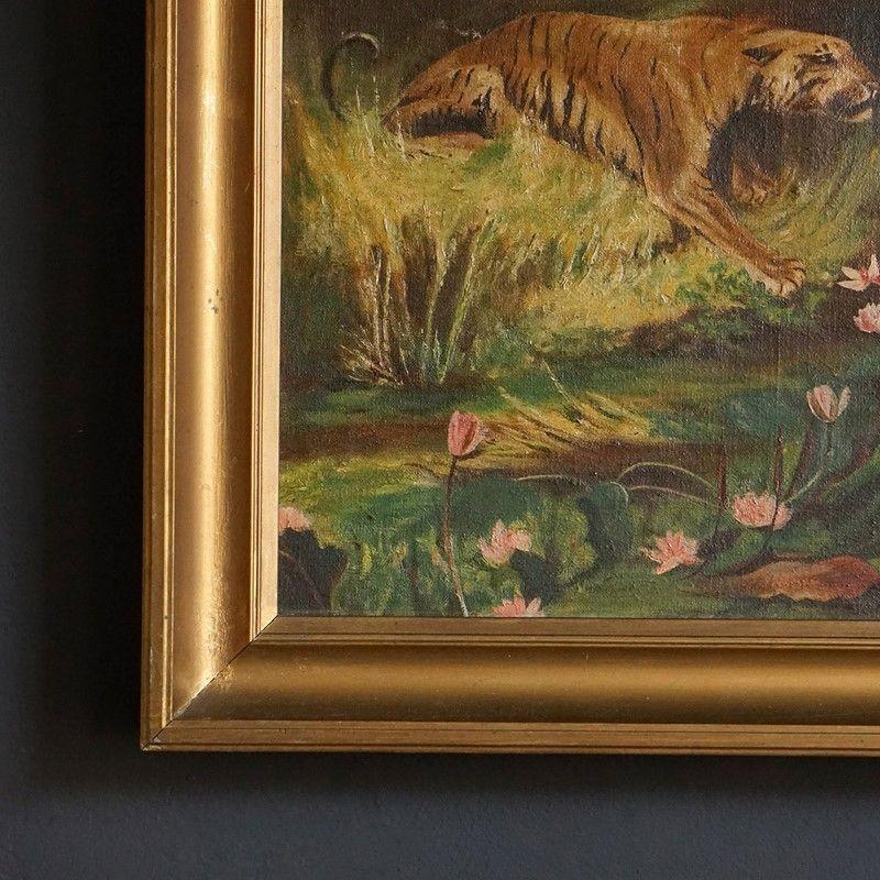 Edwardian Tigers by a Jungle Stream, Antique Original Oil on Canvas Painting