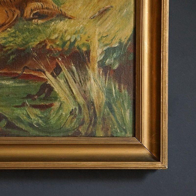 Hand-Painted Tigers by a Jungle Stream, Antique Original Oil on Canvas Painting