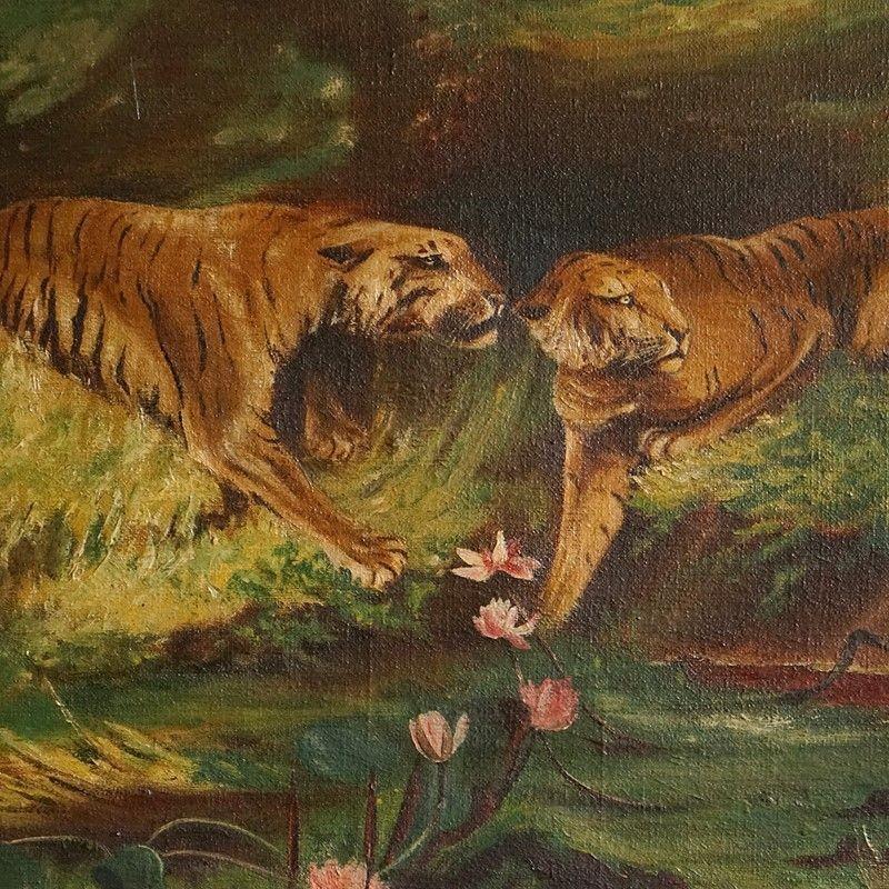 Antique Original Oil Painting Depicting a Jungle Scene

Being solitary beasts and not seeming very hostile I would hazard a guess that this was a meeting for love.

Two tigers in a jungle setting by a stream with lotus flowers.

Indistinctly