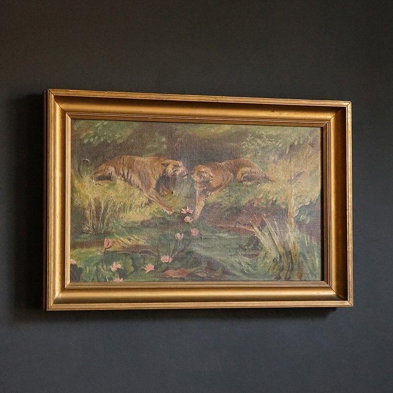 20th Century Tigers by a Jungle Stream, Antique Original Oil on Canvas Painting