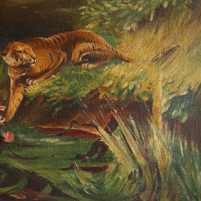 Tigers by a Jungle Stream, Antique Original Oil on Canvas Painting 1