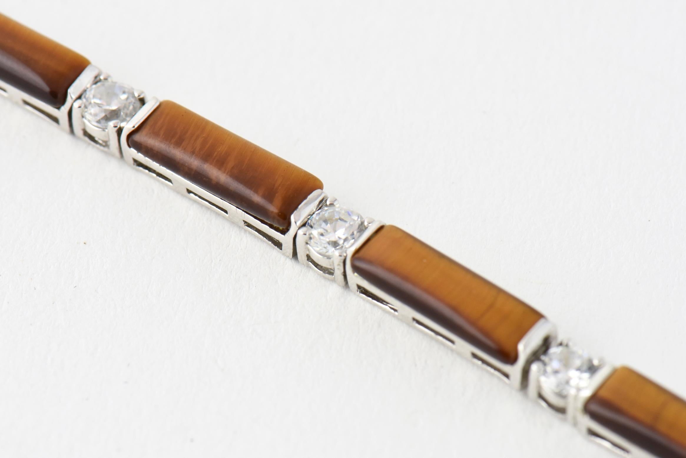 Tiger's Eye and CZ Sterling Silver Line Bracelet In Good Condition For Sale In Miami Beach, FL