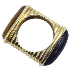 Tigers Eye and Onyx Double Sided 14 Karat Yellow Gold Retro Ring