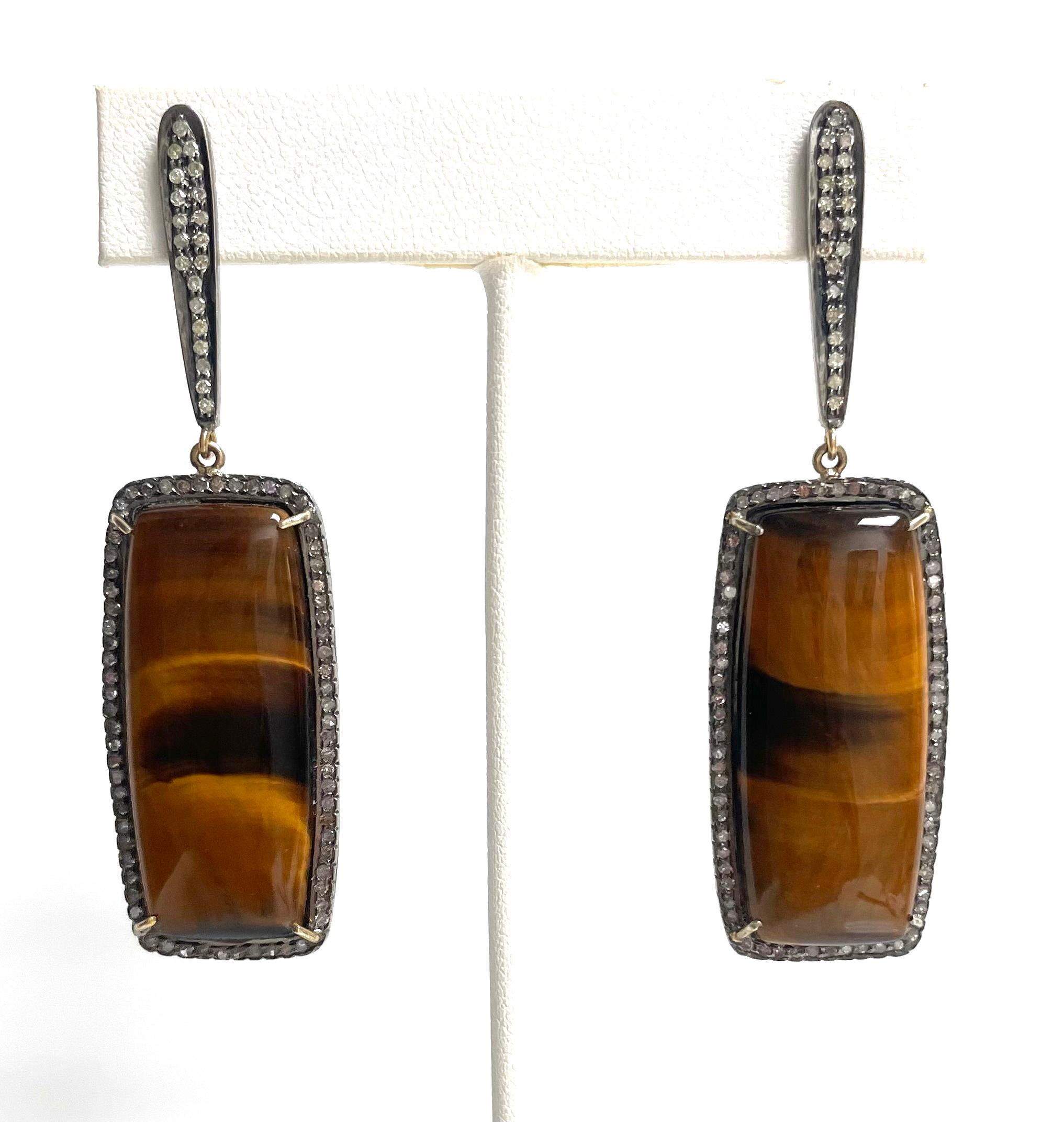 Tiger’s Eye and Pave Diamonds Paradizia Earrings For Sale 5