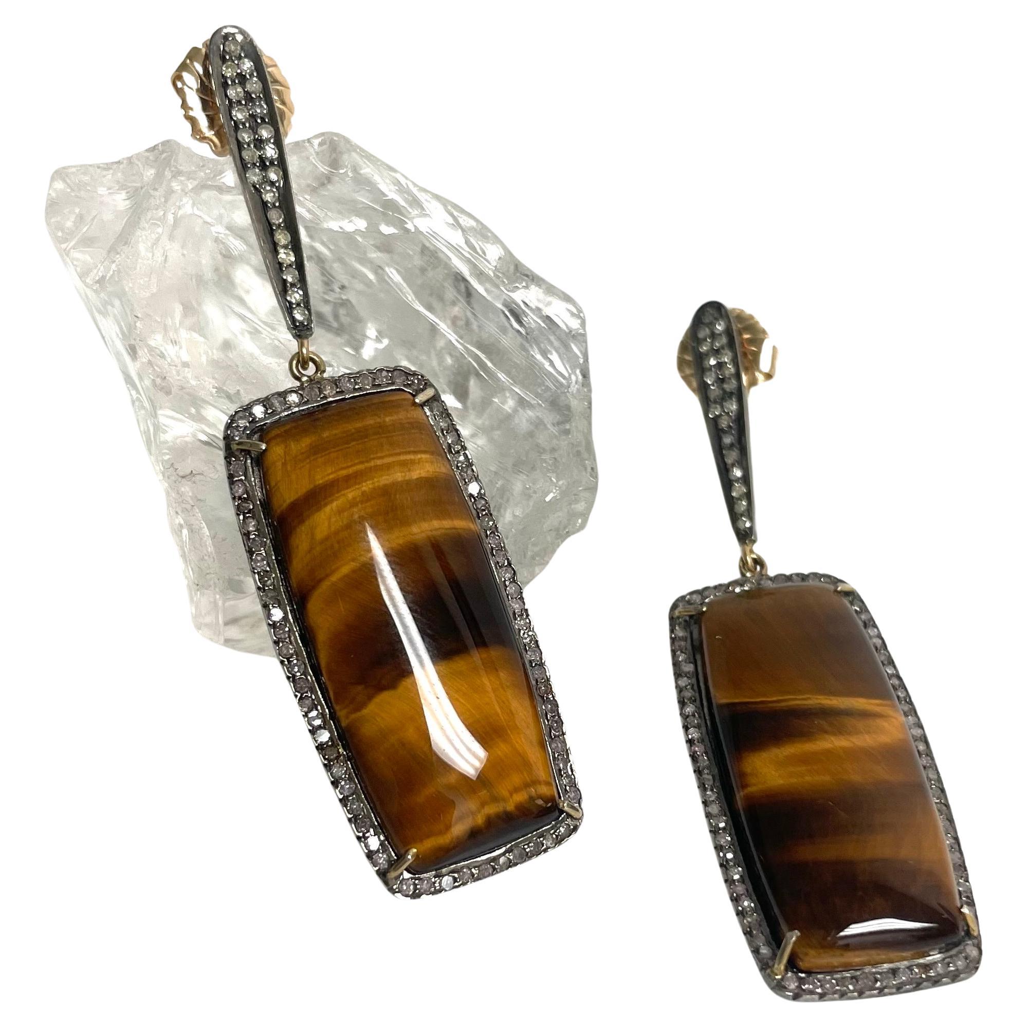 Tiger’s Eye and Pave Diamonds Paradizia Earrings In New Condition For Sale In Laguna Beach, CA