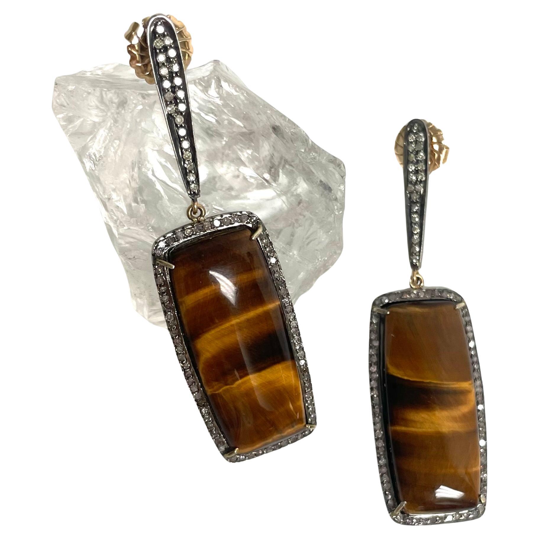 Tiger’s Eye and Pave Diamonds Paradizia Earrings For Sale 1