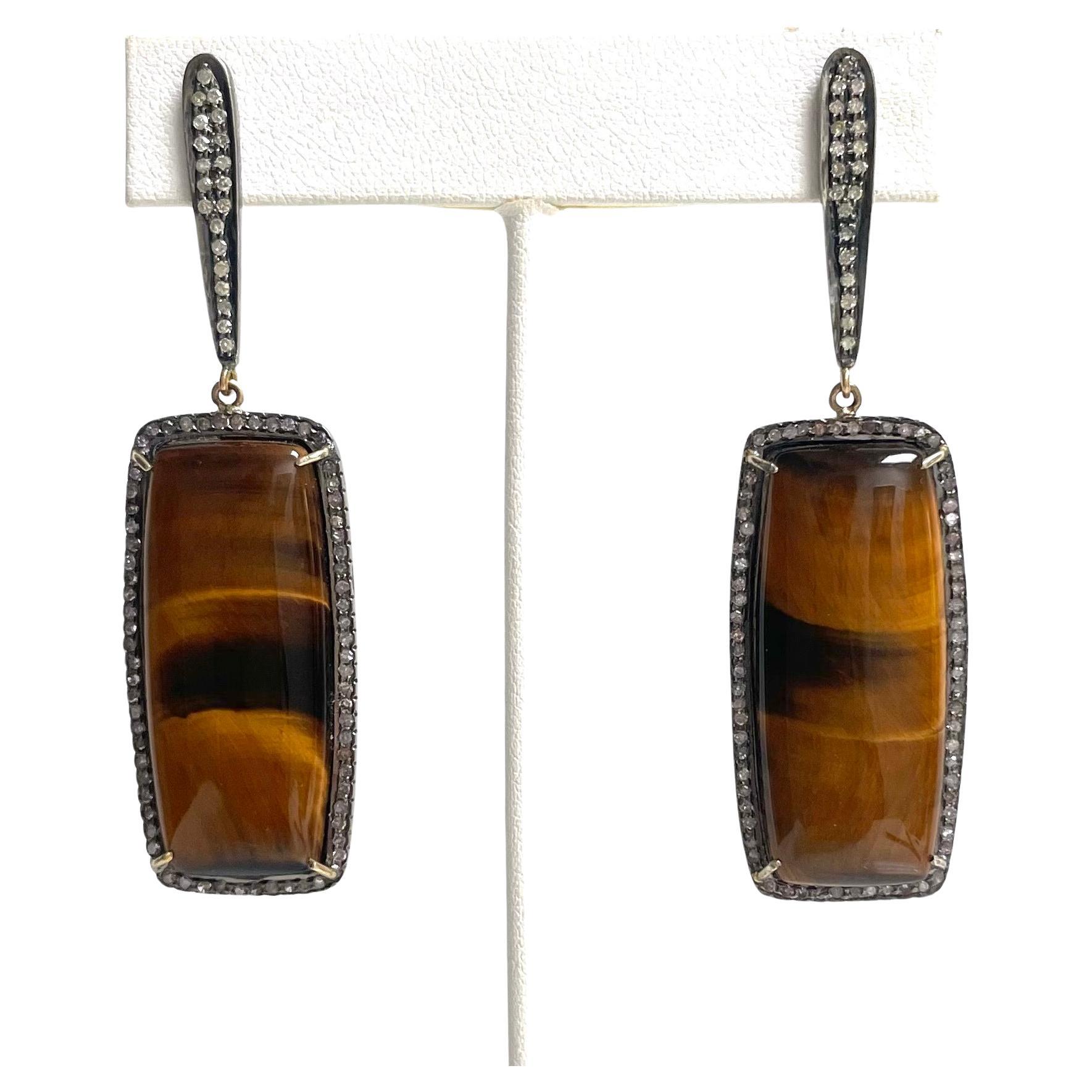 Tiger’s Eye and Pave Diamonds Paradizia Earrings For Sale 3