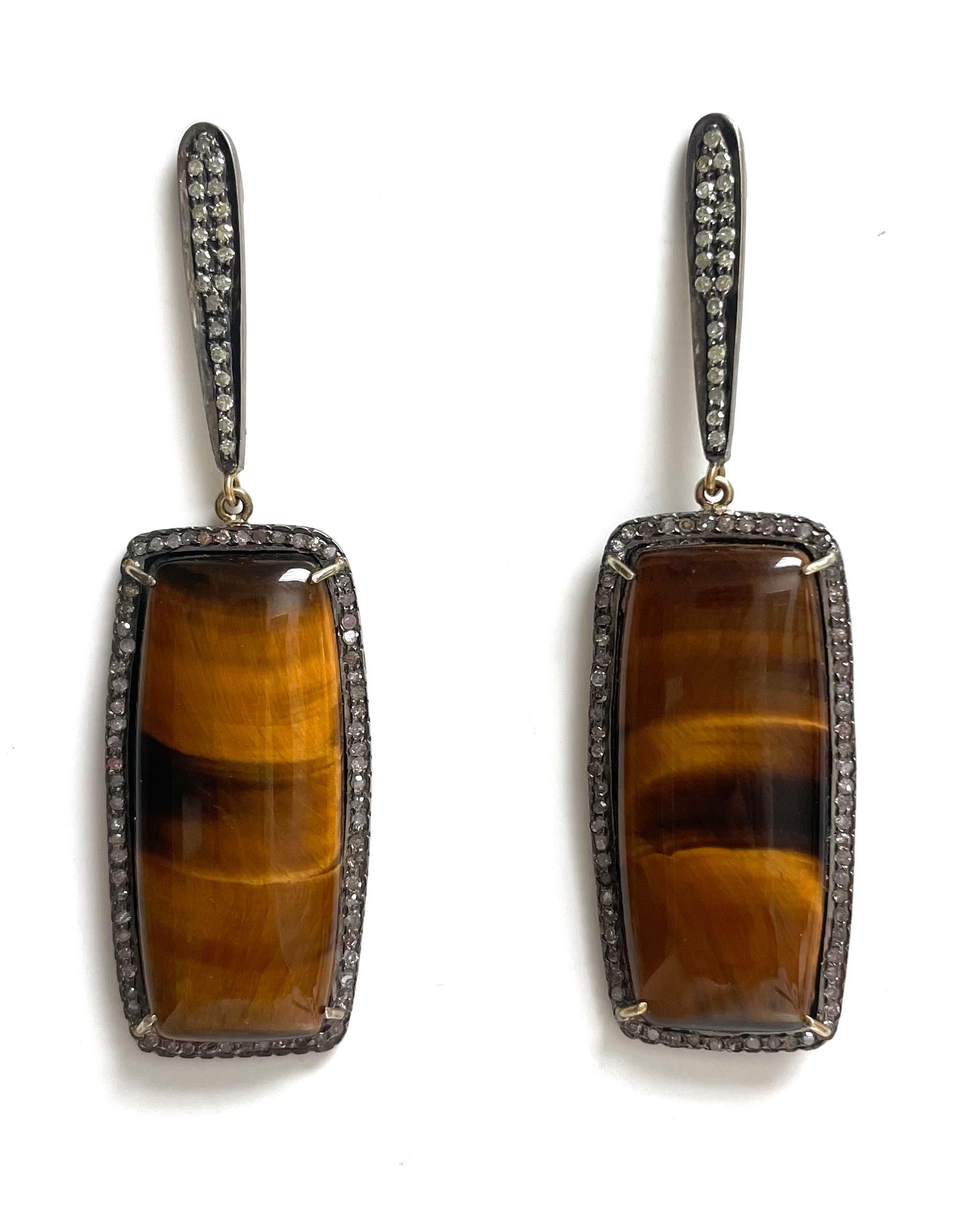 Tiger’s Eye and Pave Diamonds Paradizia Earrings For Sale 4