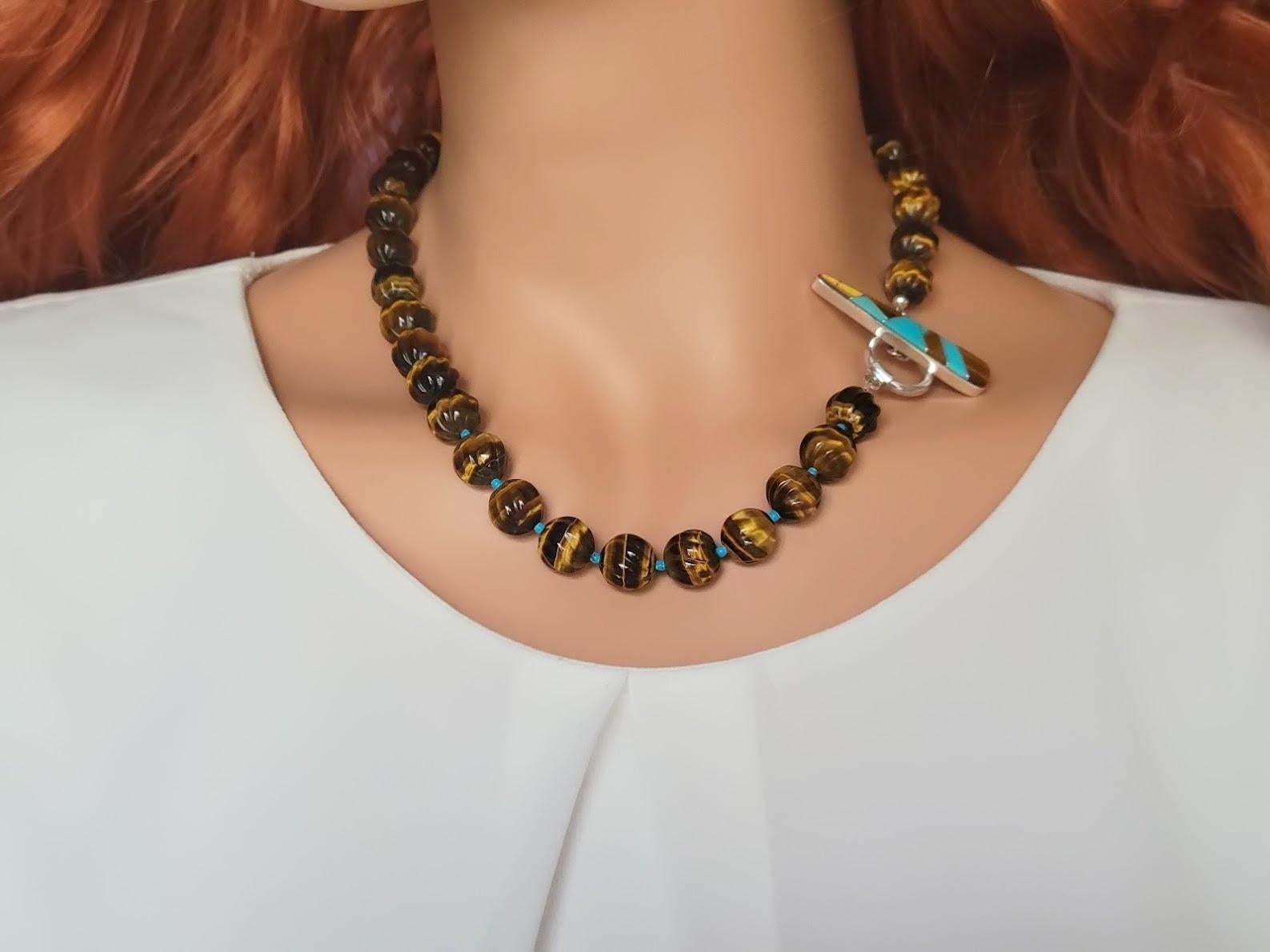 Tiger's Eye and Turquoise Necklace In New Condition For Sale In Chesterland, OH