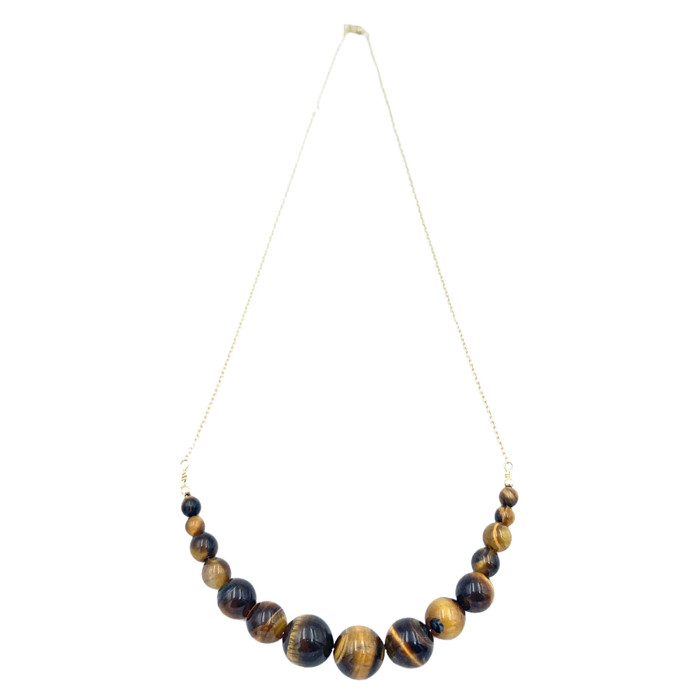 Tiger's Eye Bead Graduated Sweetie Necklace in Yellow Gold