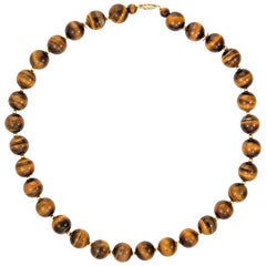 Tigers Eye Bead Necklace 1970s Vintage 14 Karat Yellow Gold Strand Statement
