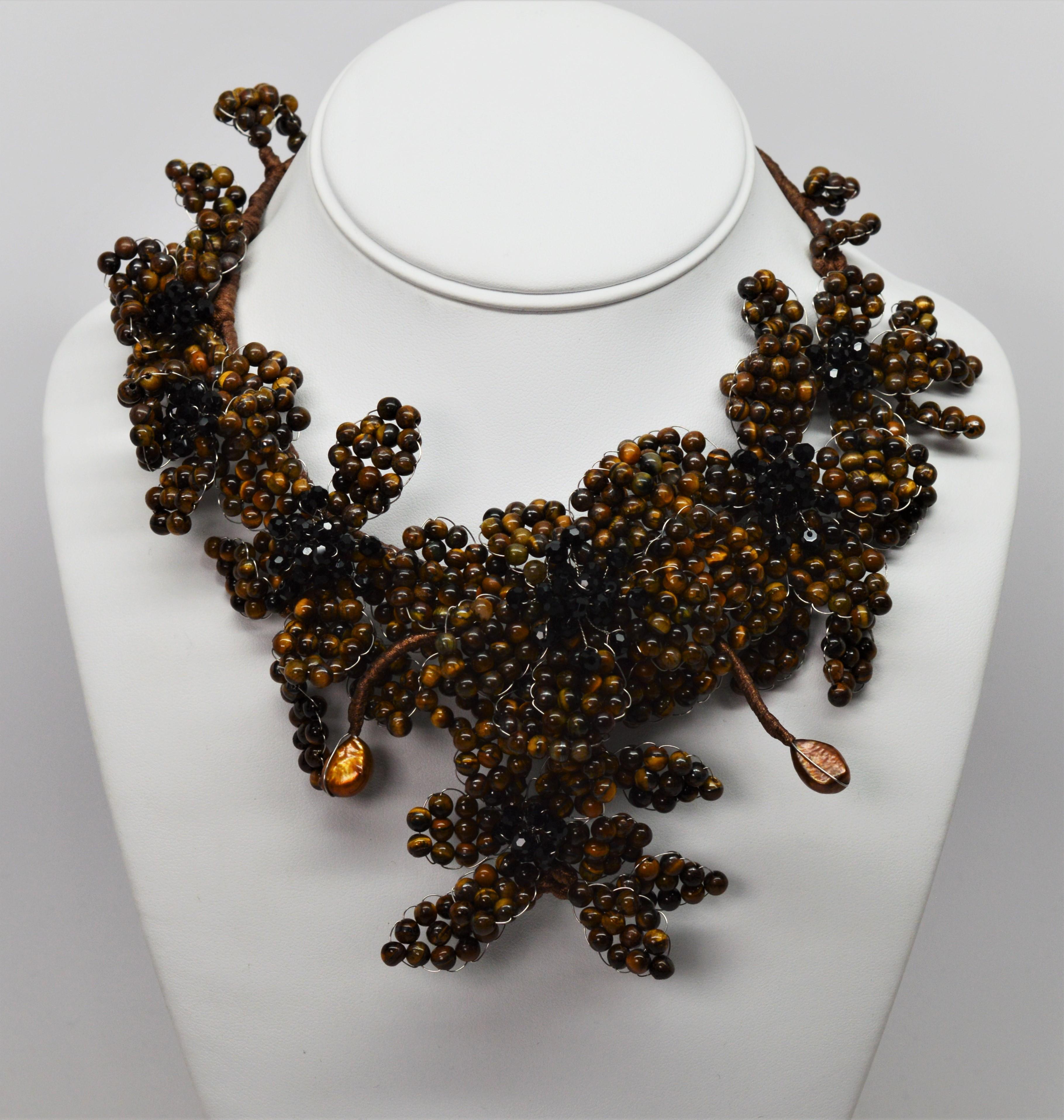 Tiger's Eye Black Onyx Bead Costume Collar Bib Choker Statement Necklace In Good Condition In Mount Kisco, NY