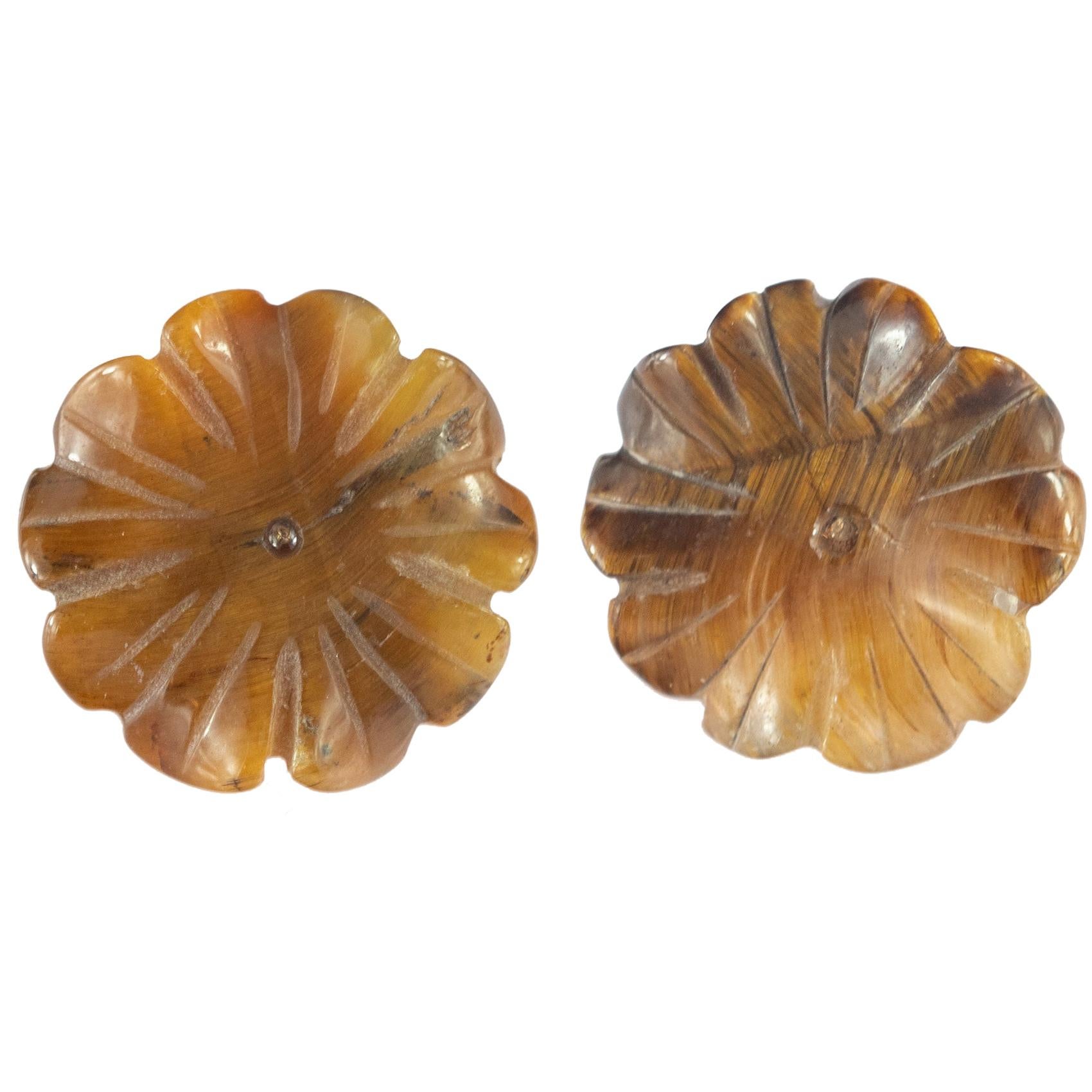 Tiger's Eye Brown Flower 14 Karat Yellow Gold Carved Chic Stud Handmade Earrings For Sale