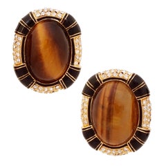 Tiger's Eye Cabochon Earrings With Black Enamel and Pavé By Ciner, 1980s