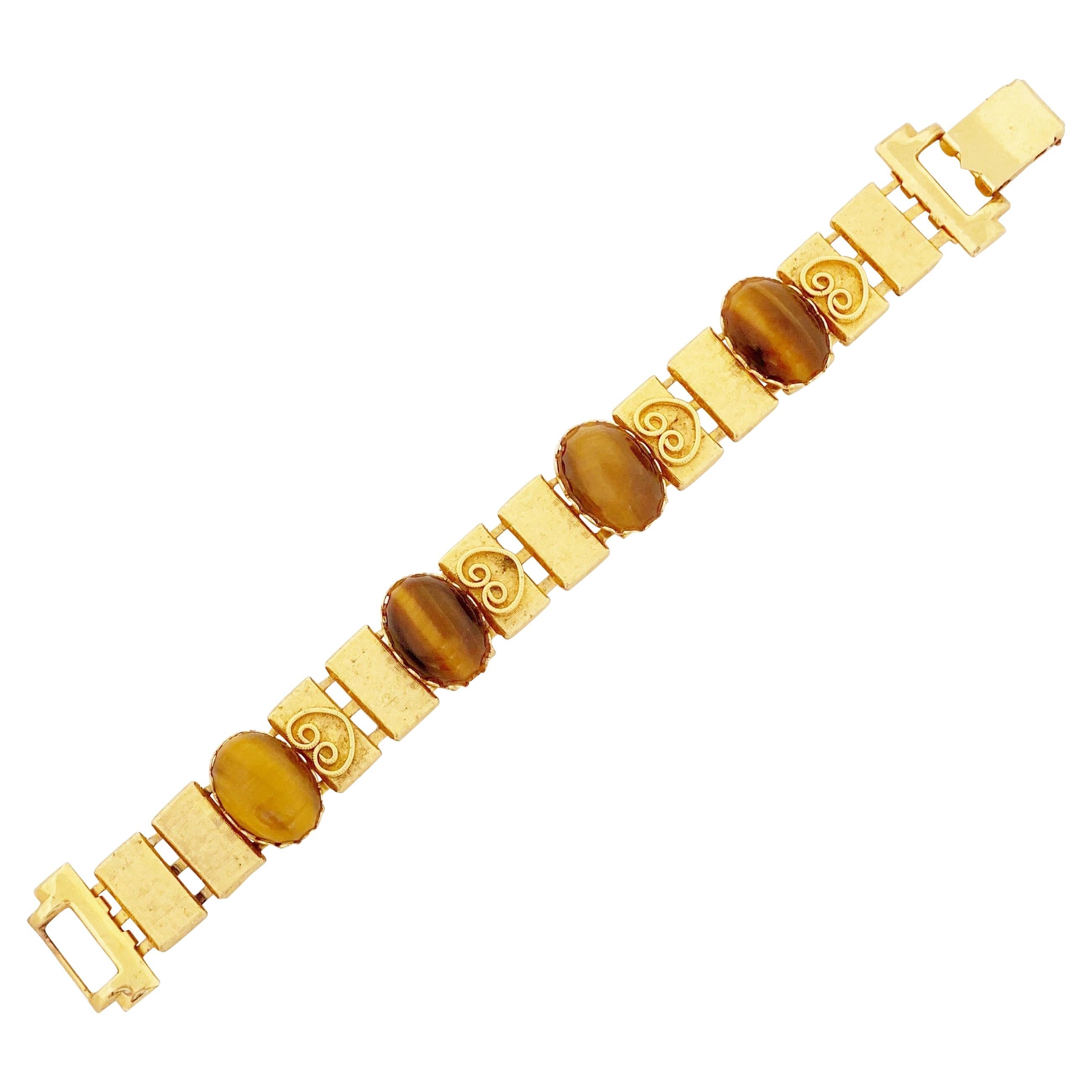 Tiger's Eye Cabochon Gold Link Bracelet, 1960s For Sale