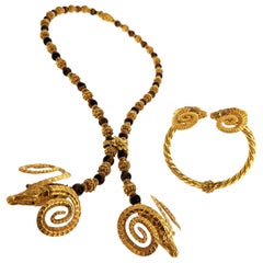 Vintage 1970s Tiger's Eye Gold Ram Necklace Bangle Bracelet Set