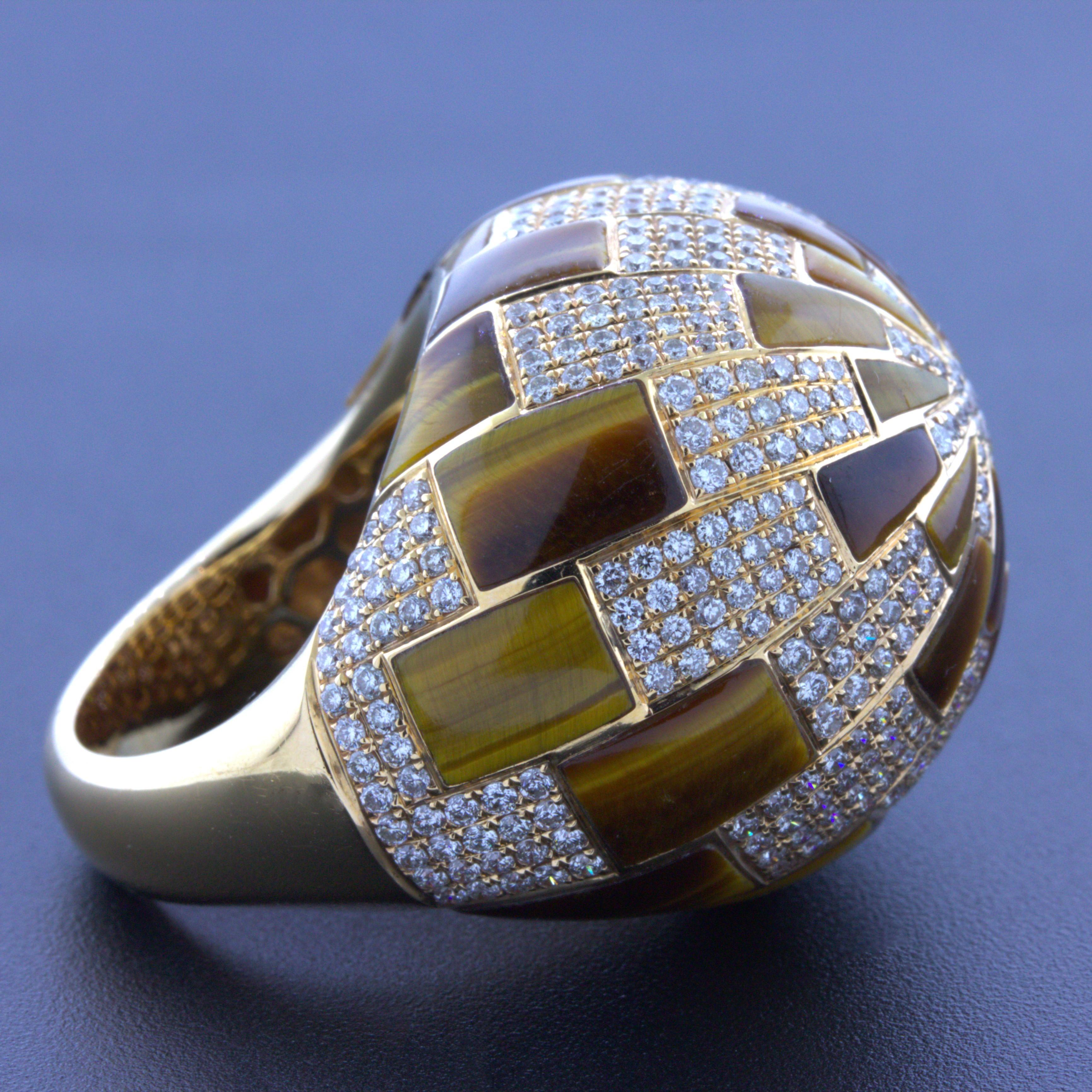 Tigerauge Diamant Gold Dome Cocktail Ring im Zustand „Neu“ in Beverly Hills, CA