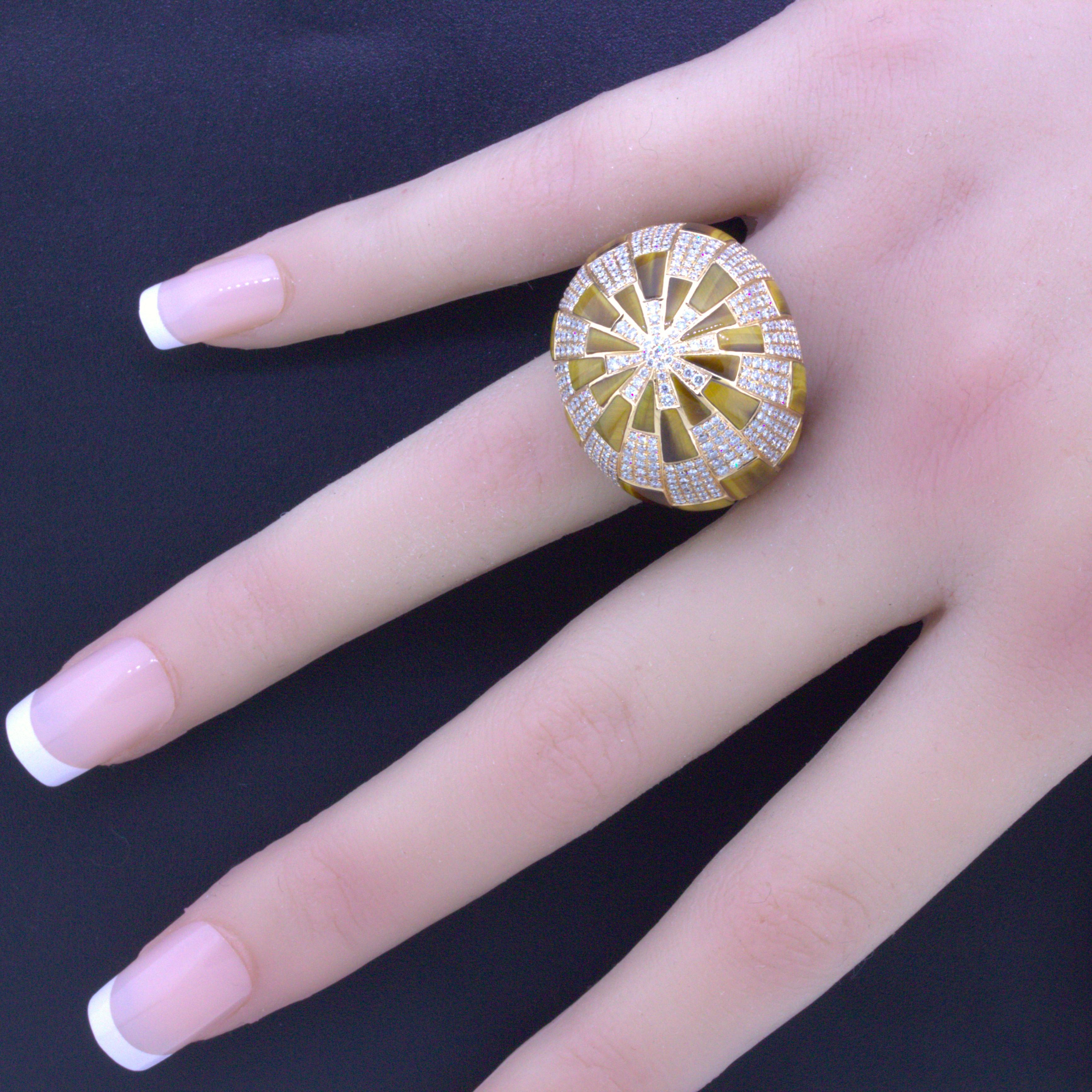 Tigerauge Diamant Gold Dome Cocktail Ring im Angebot 1