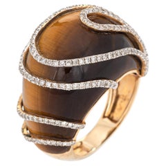 Tigers Eye Diamond Ring Estate 14k Yellow Gold Large Dome Cocktail Jewelry