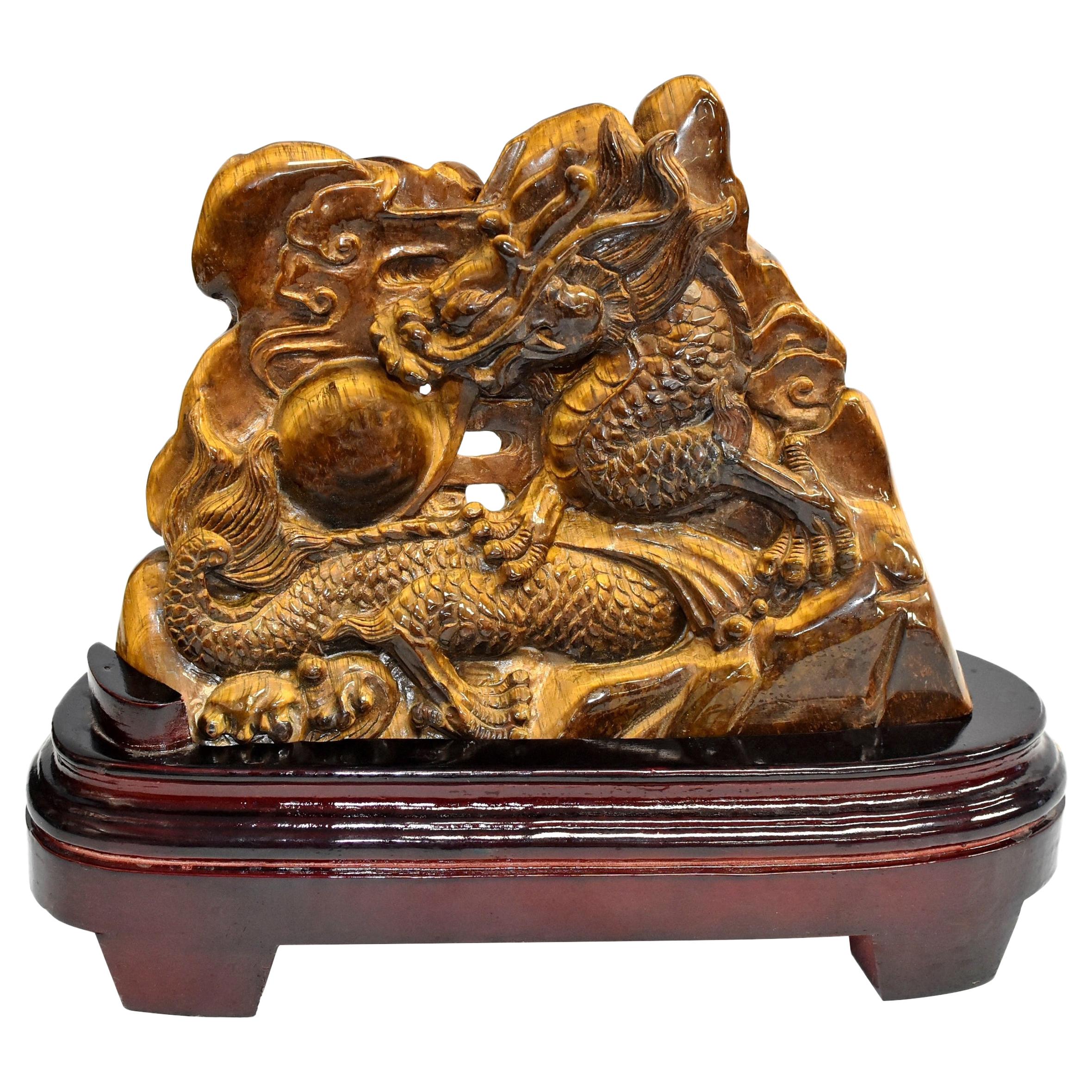 Statue de dragon œil de tigre de 2,2 kg sculptée à la main