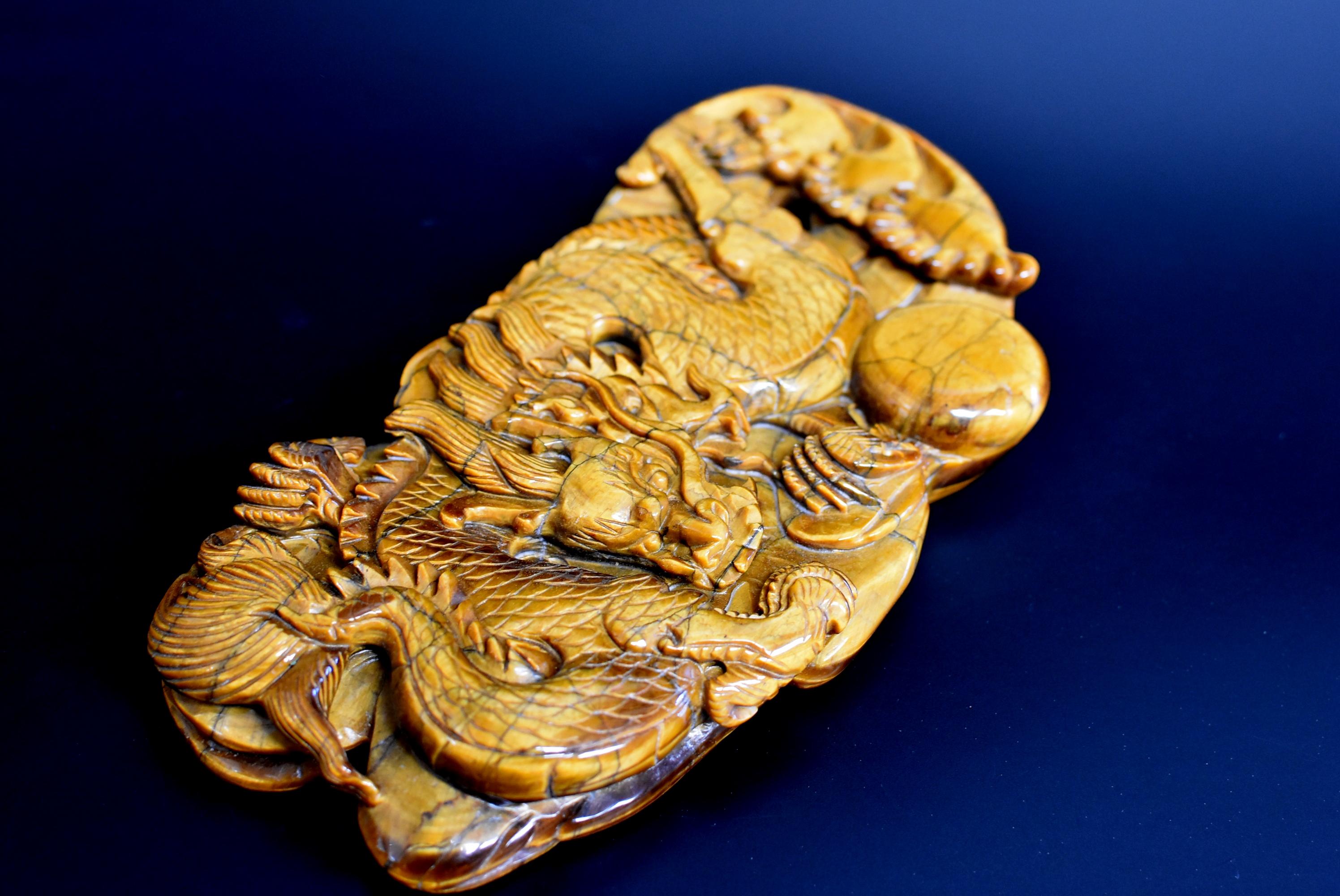 Multi-gemstone Tiger's Eye Dragon Statue, Hand Carved Gemstone Sculpture For Sale