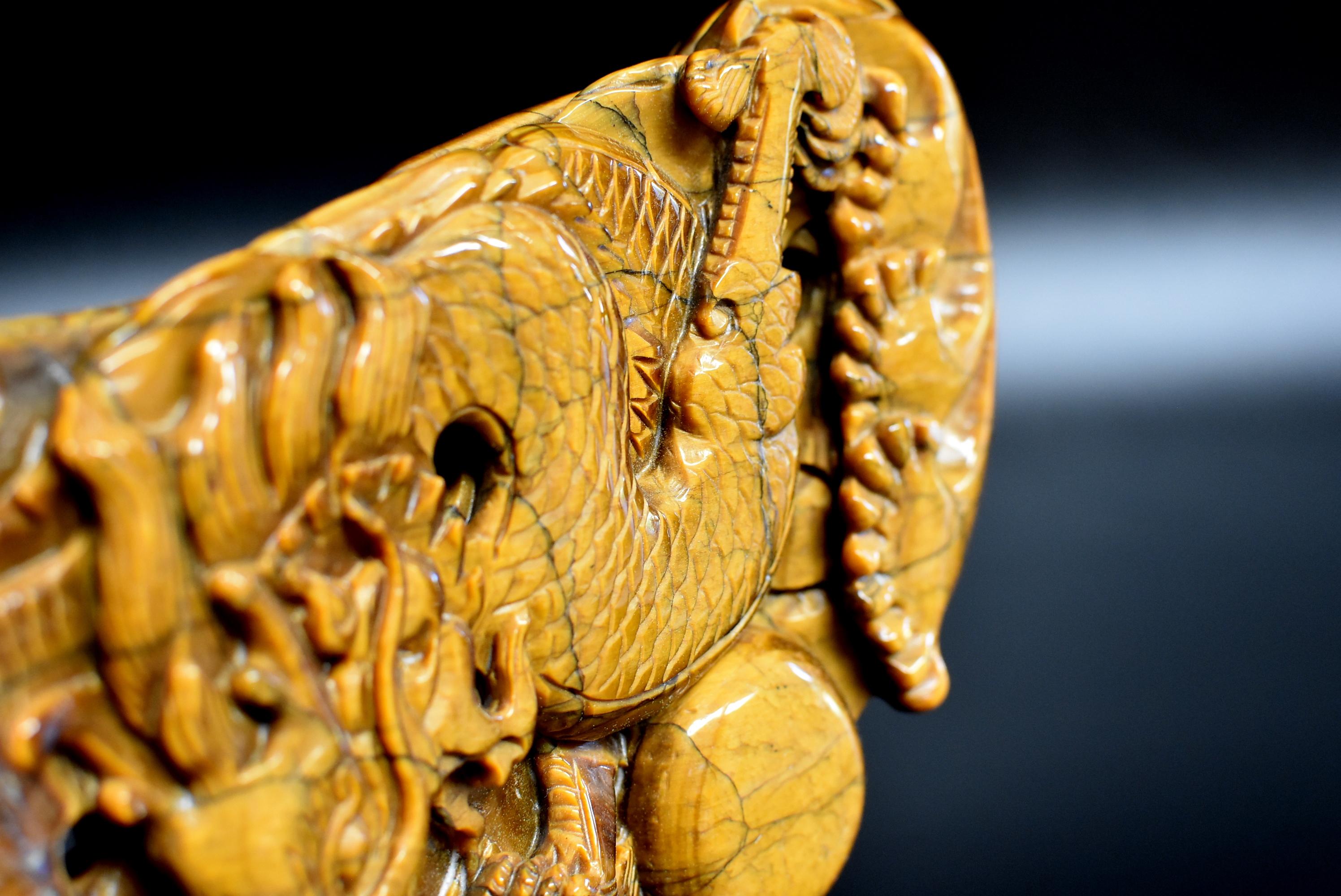Tiger's Eye Dragon Statue, Hand Carved Gemstone Sculpture For Sale 1