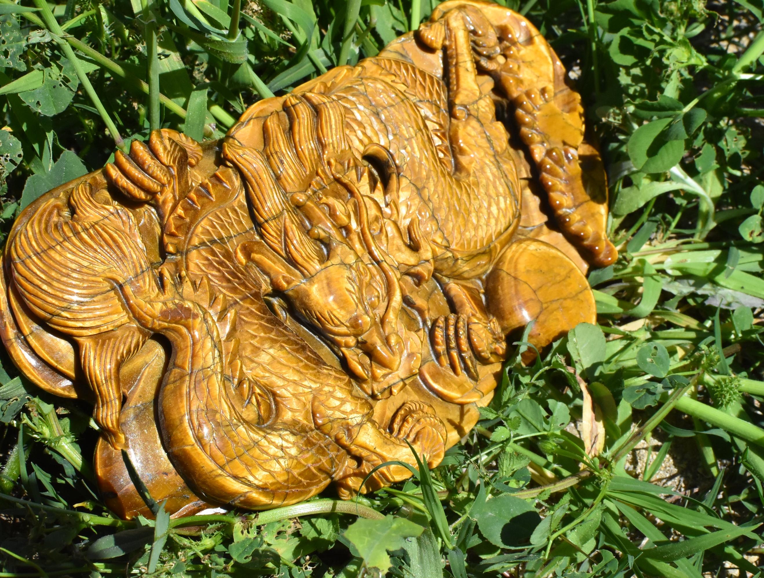 Chinese Tiger's Eye Dragon Statue, Hand Carved Gemstone Sculpture For Sale