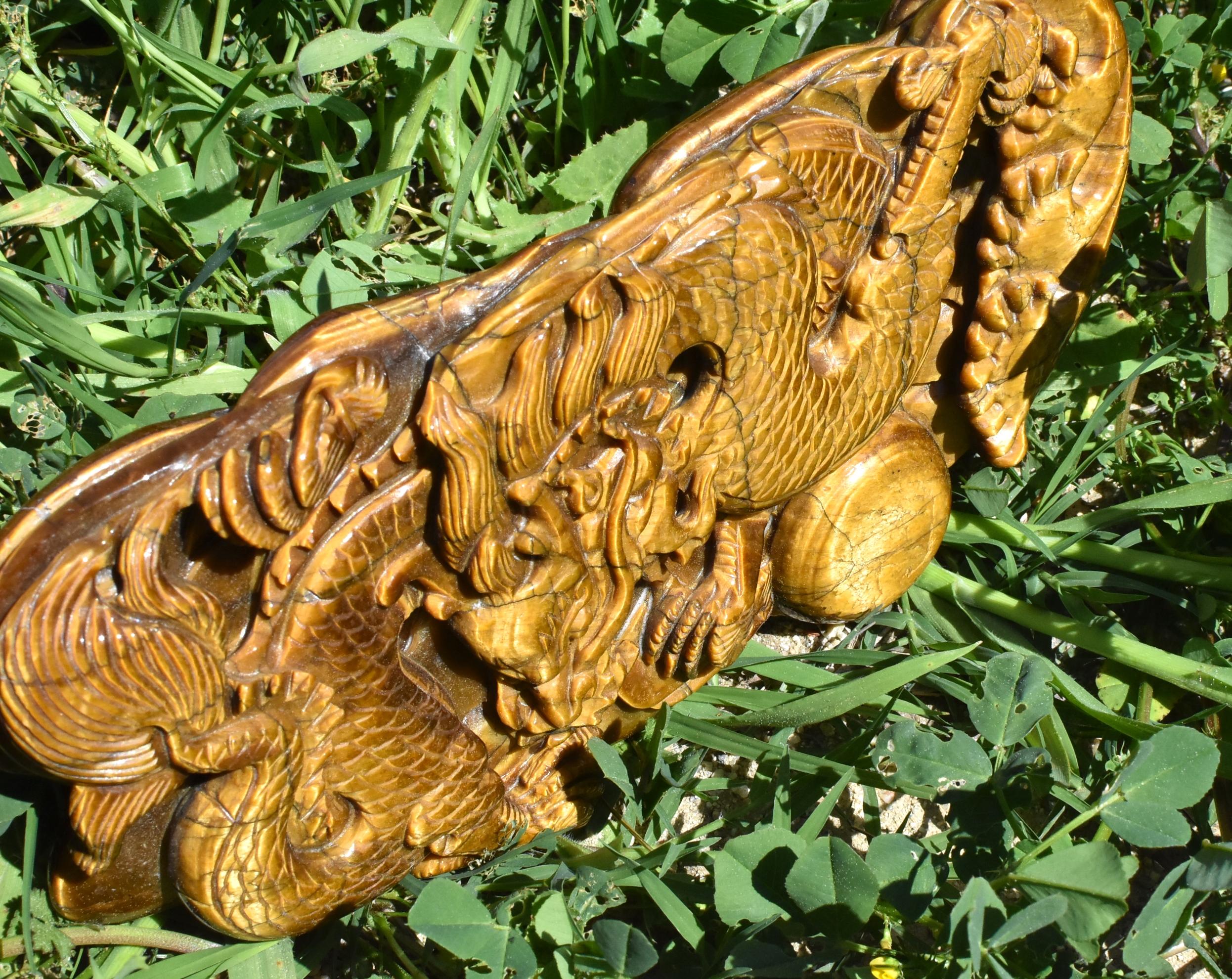 Hand-Carved Tiger's Eye Dragon Statue, Hand Carved Gemstone Sculpture For Sale