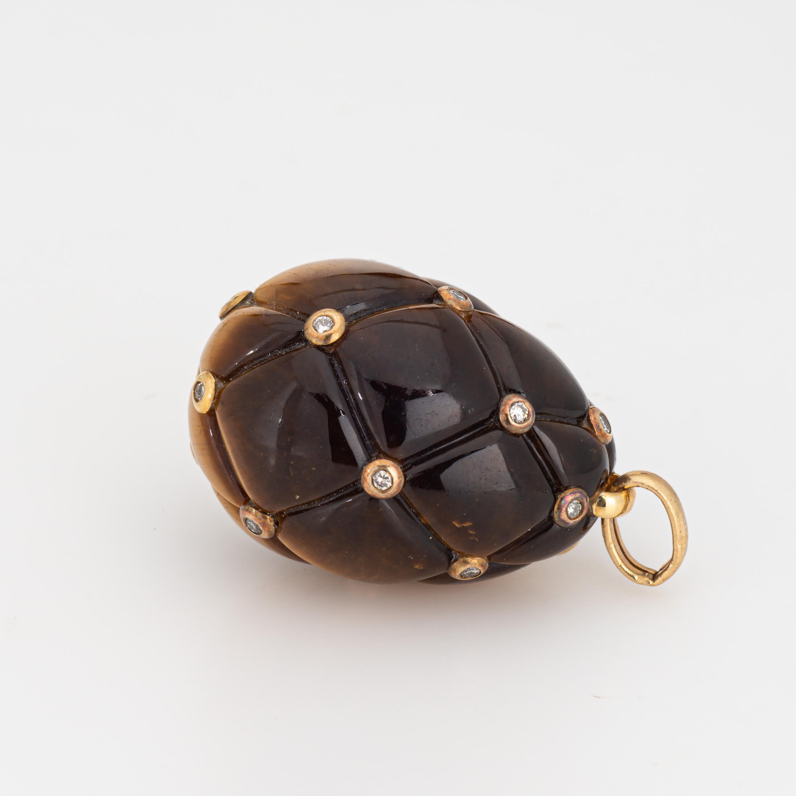 Tigers Eye Egg Pendant Diamond Estate 18k Yellow Gold Large Charm Fine Jewelry In Good Condition In Torrance, CA