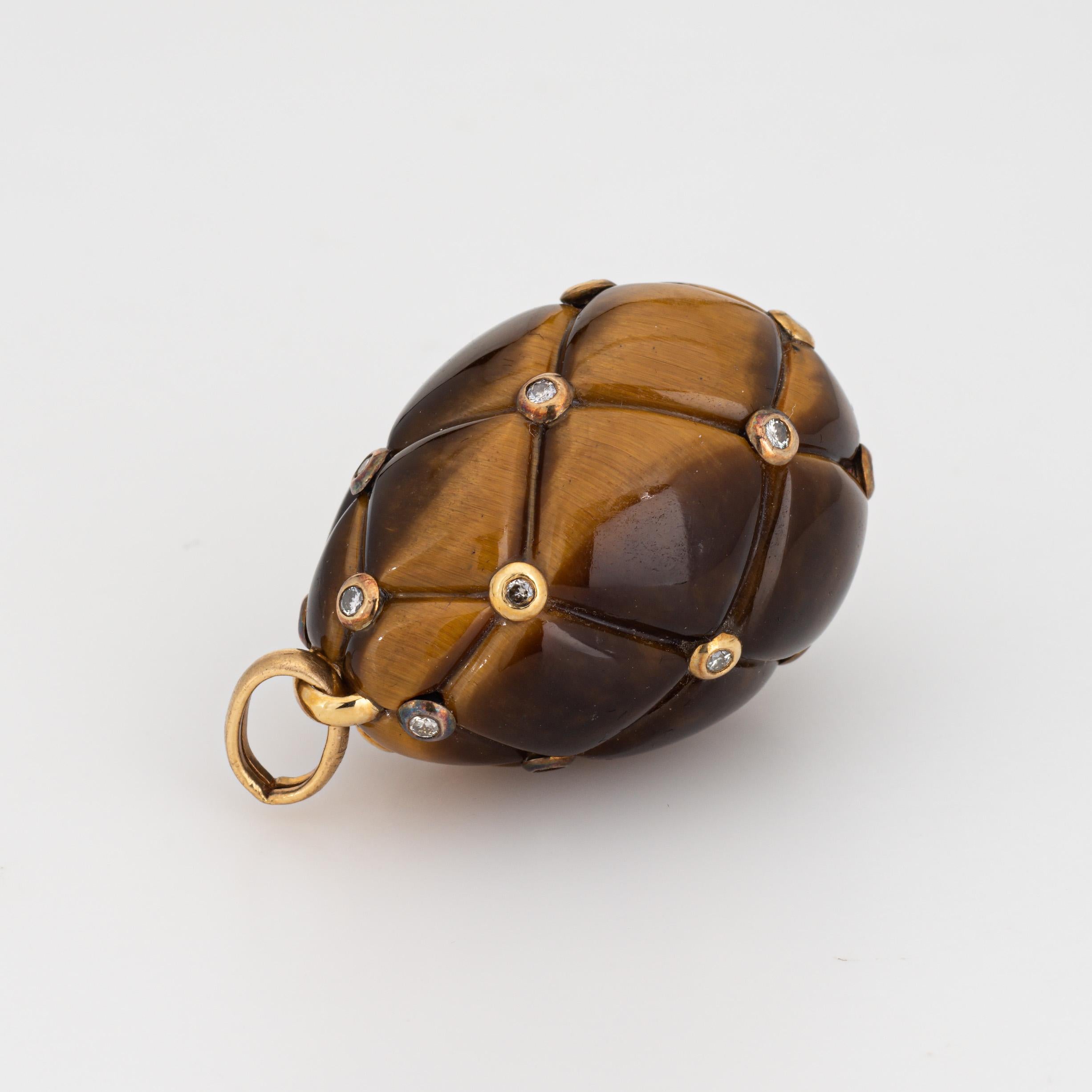 Women's Tigers Eye Egg Pendant Diamond Estate 18k Yellow Gold Large Charm Fine Jewelry