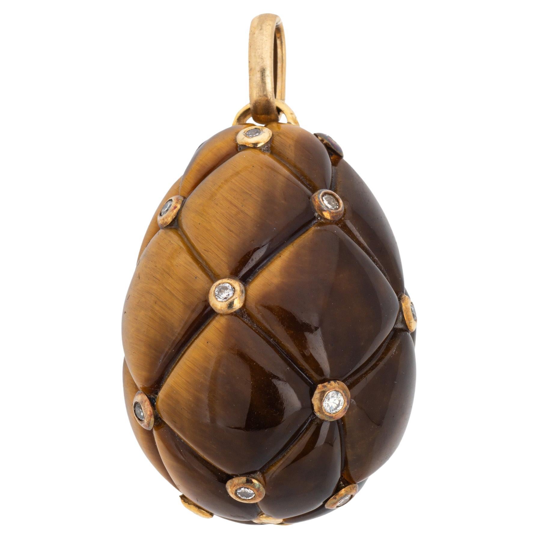 Tigers Eye Egg Pendant Diamond Estate 18k Yellow Gold Large Charm Fine Jewelry  For Sale