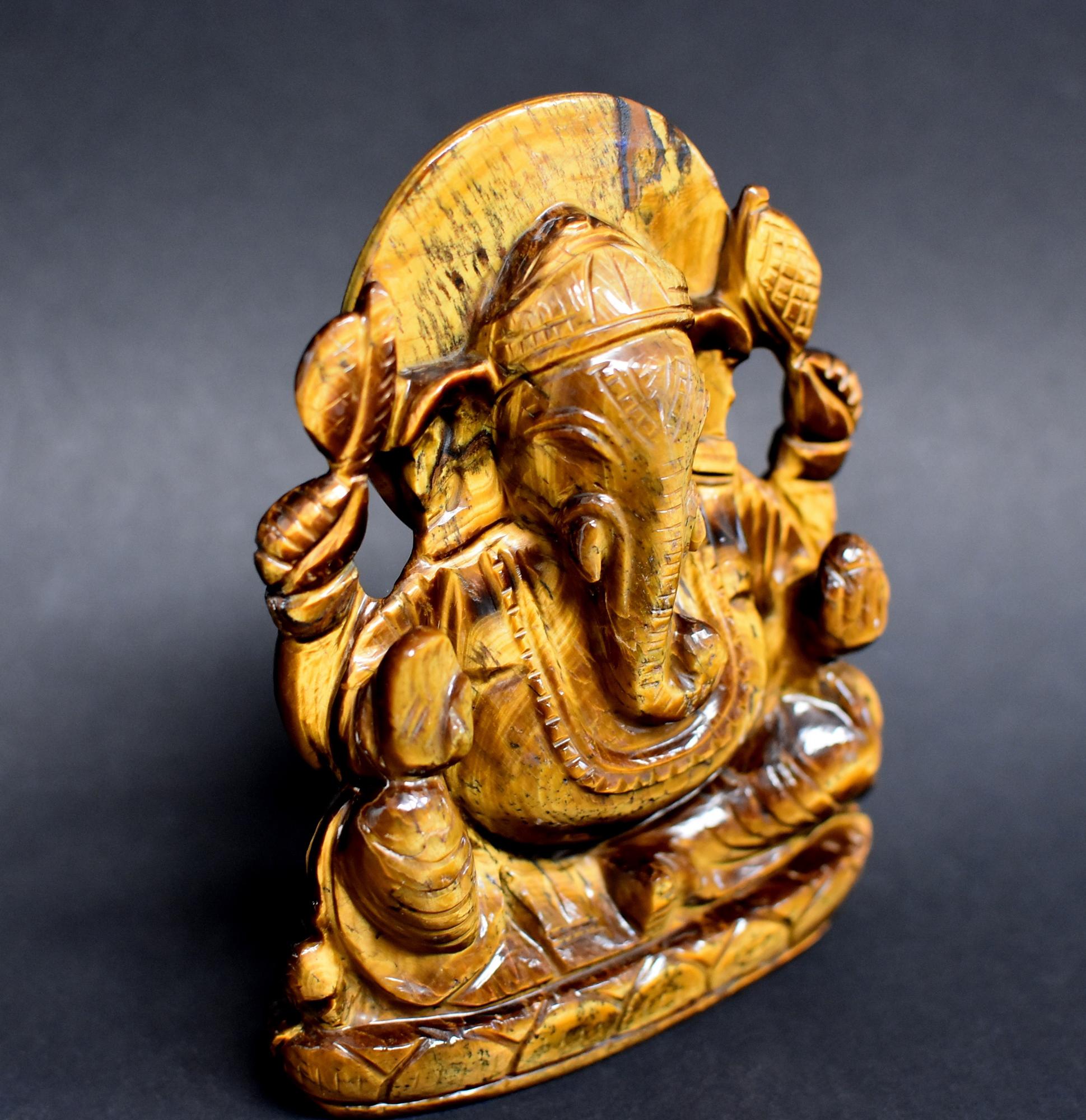 Hand-Carved Tiger's Eye Ganesh Statue All Natural Gemstone