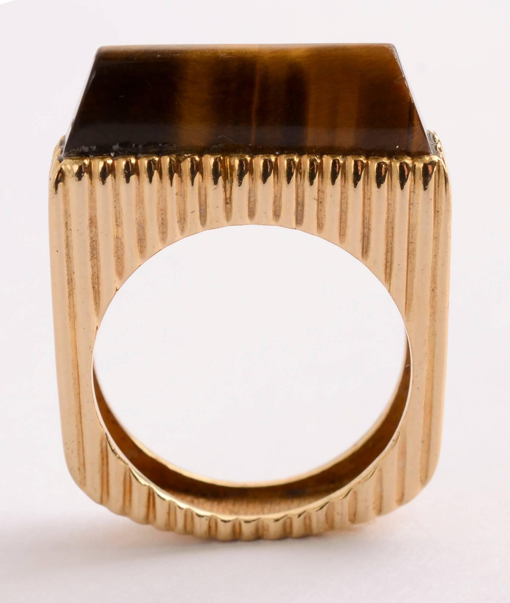 Modernist Tiger's Eye Gold Ring For Sale
