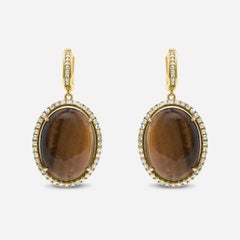 Golden Brown Tigers Eye Halo Yellow Gold Huggie Halo Diamond Pave Drop Earrings