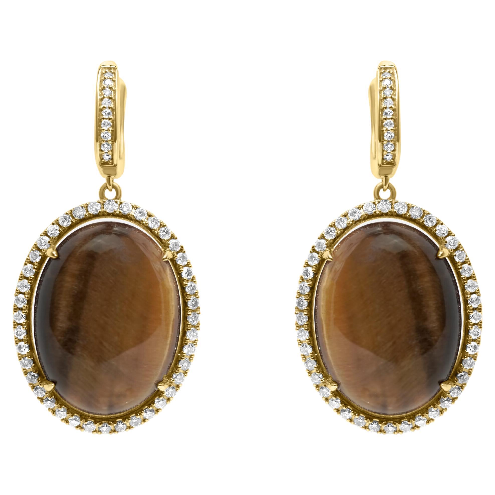 Golden Brown Tigers Eye Halo Yellow Gold Huggie Halo Diamond Pave Drop Earrings