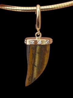 Tiger's Eye Horn Pendant with Diamonds & 14k Gold