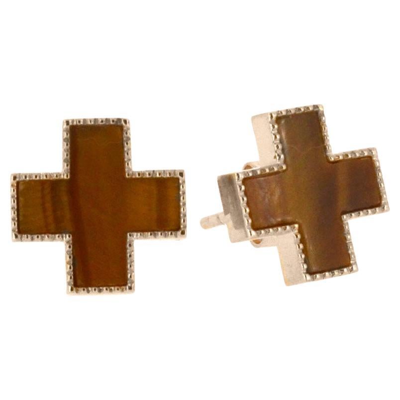 Tigers Eye Inlay Heirloom Studs 14k Yellow Gold For Sale