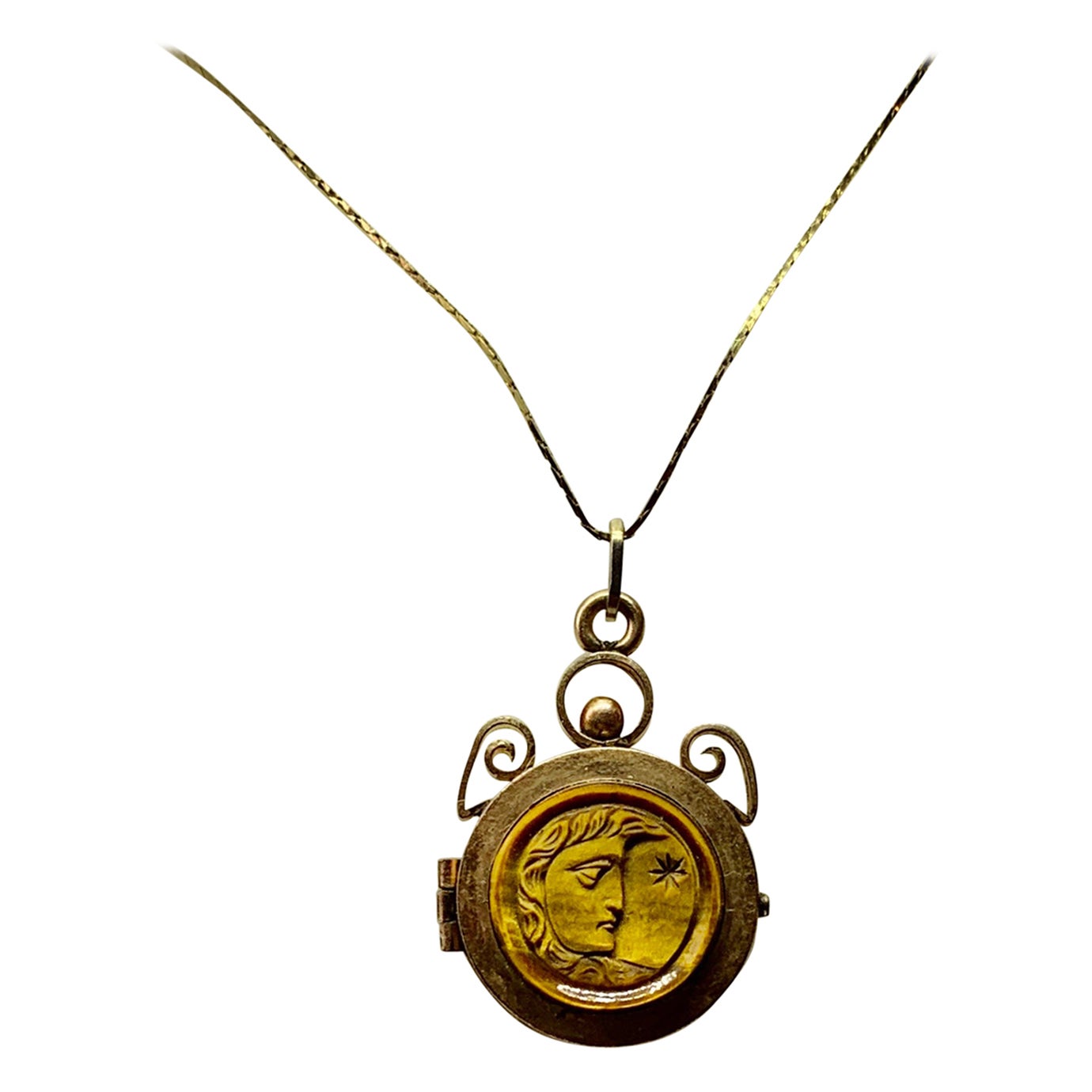 Tiger's Eye Locket Man in the Moon Sun Apollo Victorian Rare Hand Carved