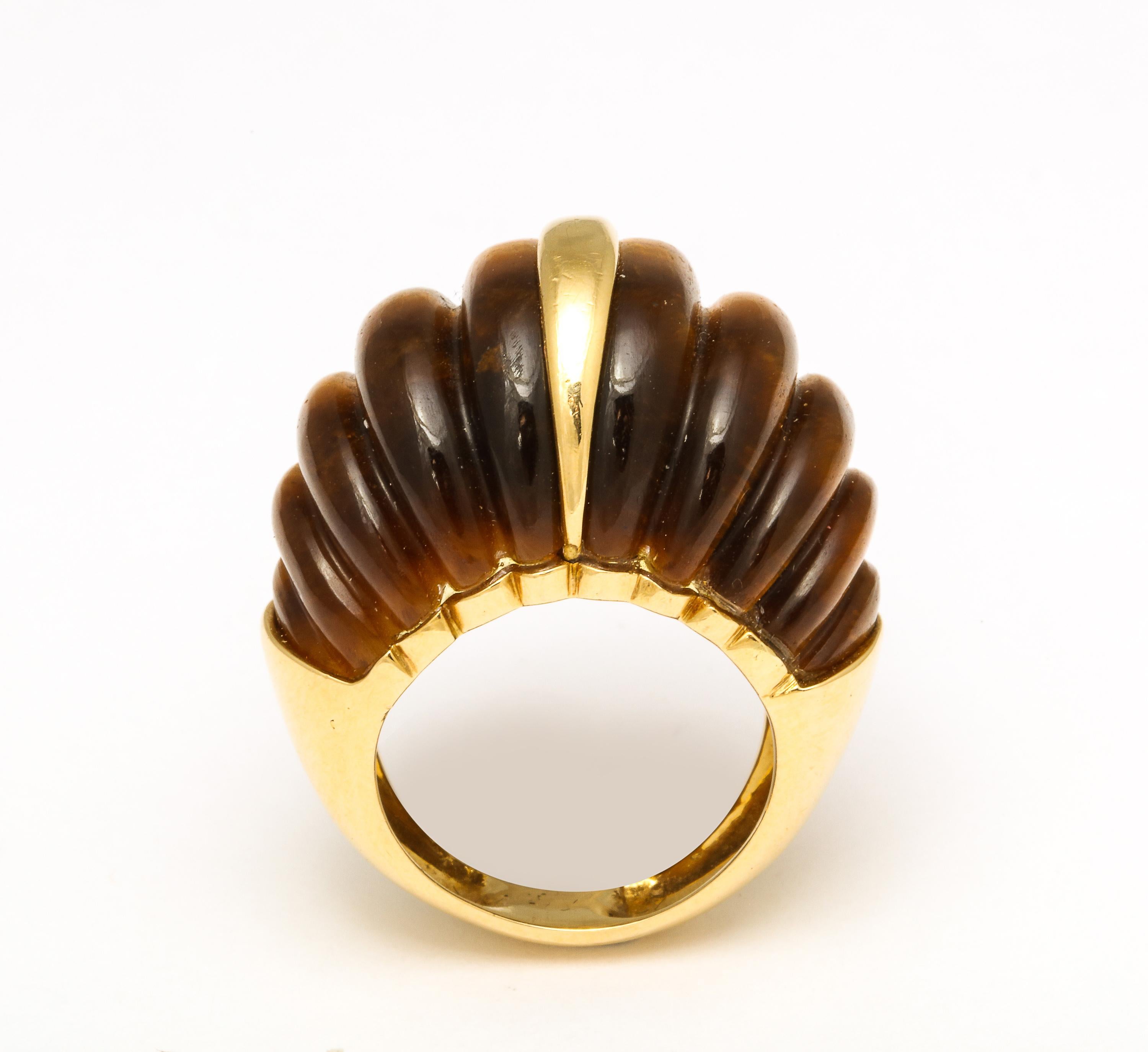 Tiger's Eye Melon Shaped Ring with Center Gold Bar For Sale 1
