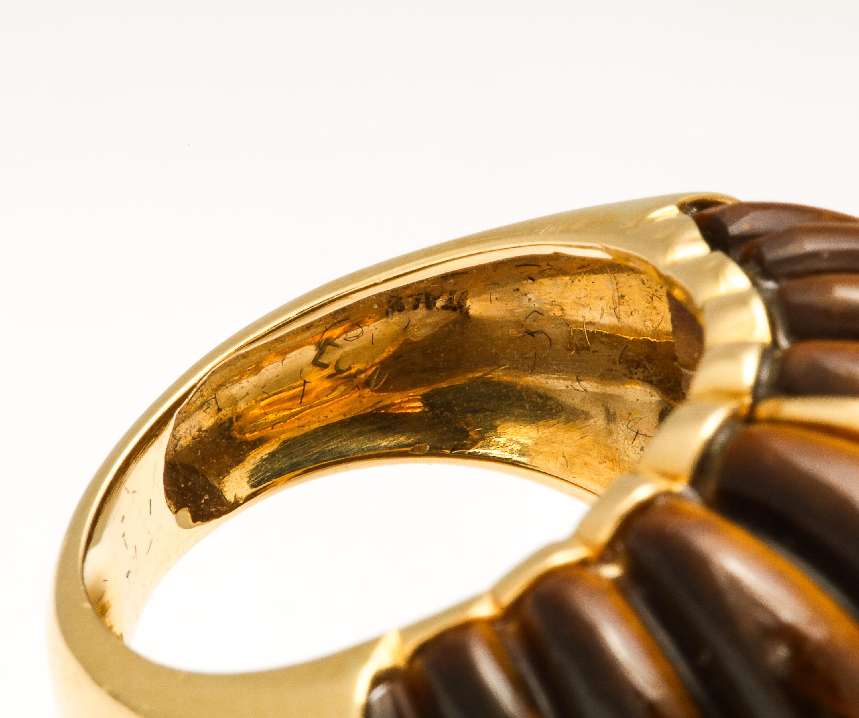 Tiger's Eye Melon Shaped Ring with Center Gold Bar For Sale 4