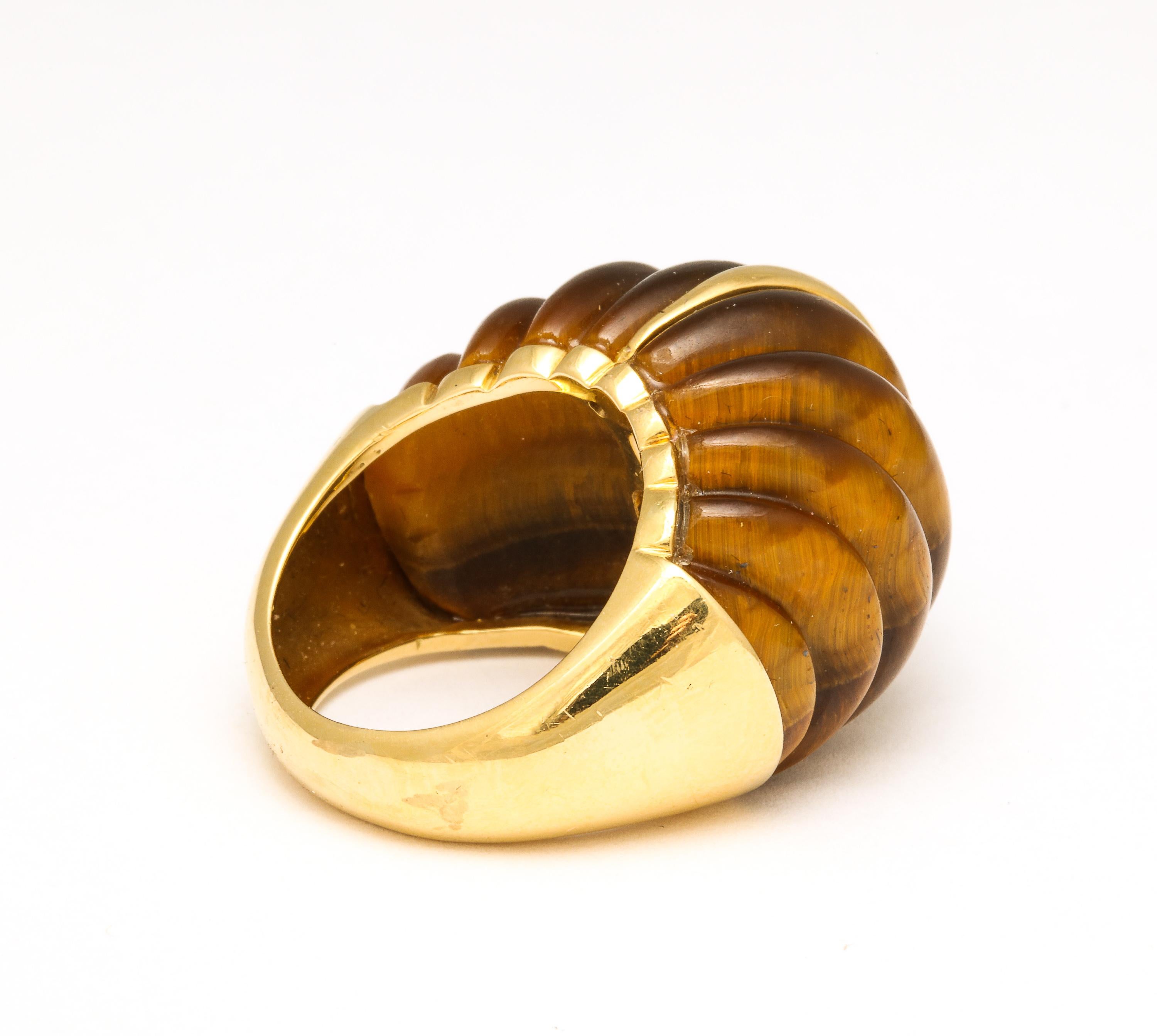 Modernist Tiger's Eye Melon Shaped Ring with Center Gold Bar For Sale