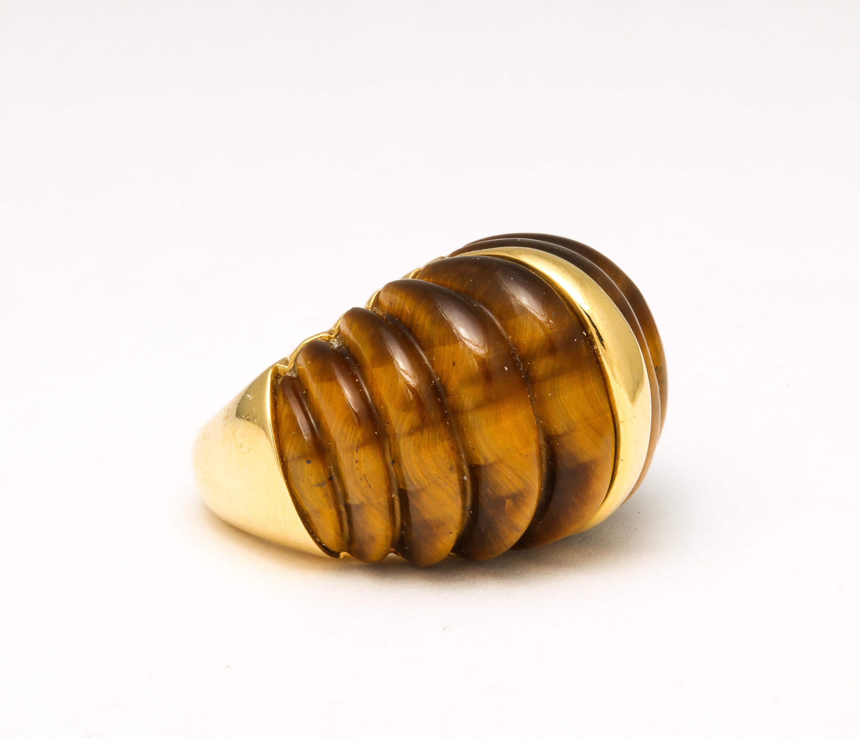 Cabochon Tiger's Eye Melon Shaped Ring with Center Gold Bar For Sale